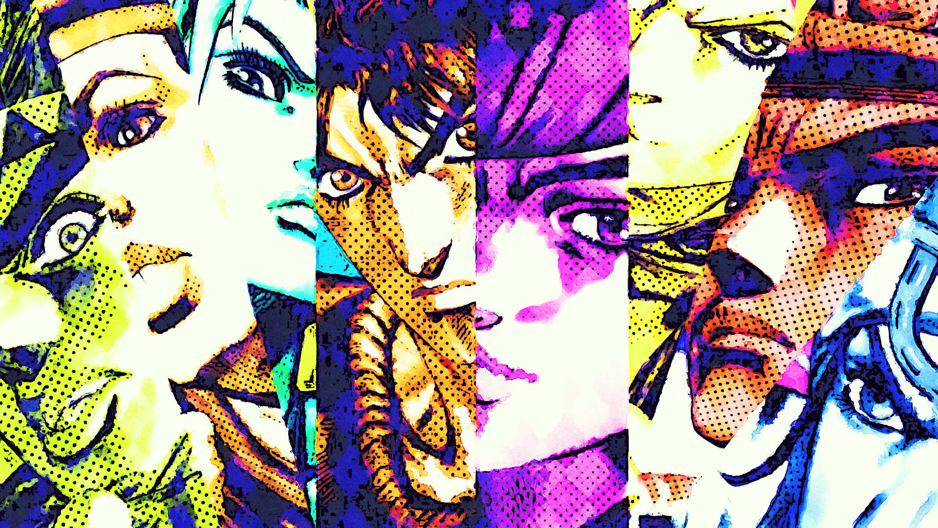 Johnny Joestar 桌布 壁紙 — 充滿活力的漫畫風格動漫角色肖像，採用大膽色彩和半色調圖案。