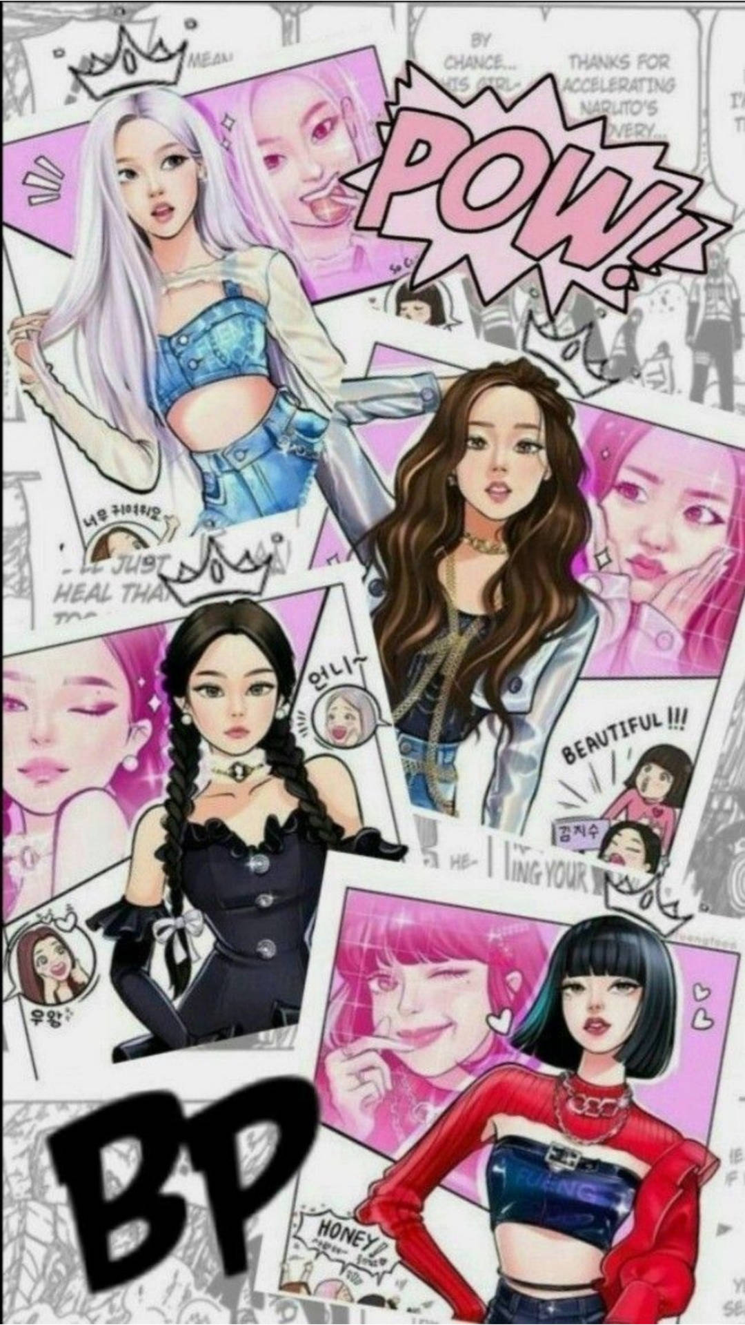 K-pop 偶像的動漫風格拼貼畫，帶有漫畫對話氣泡和粗體文字。 — Blackpink 動畫 GIF 壁紙