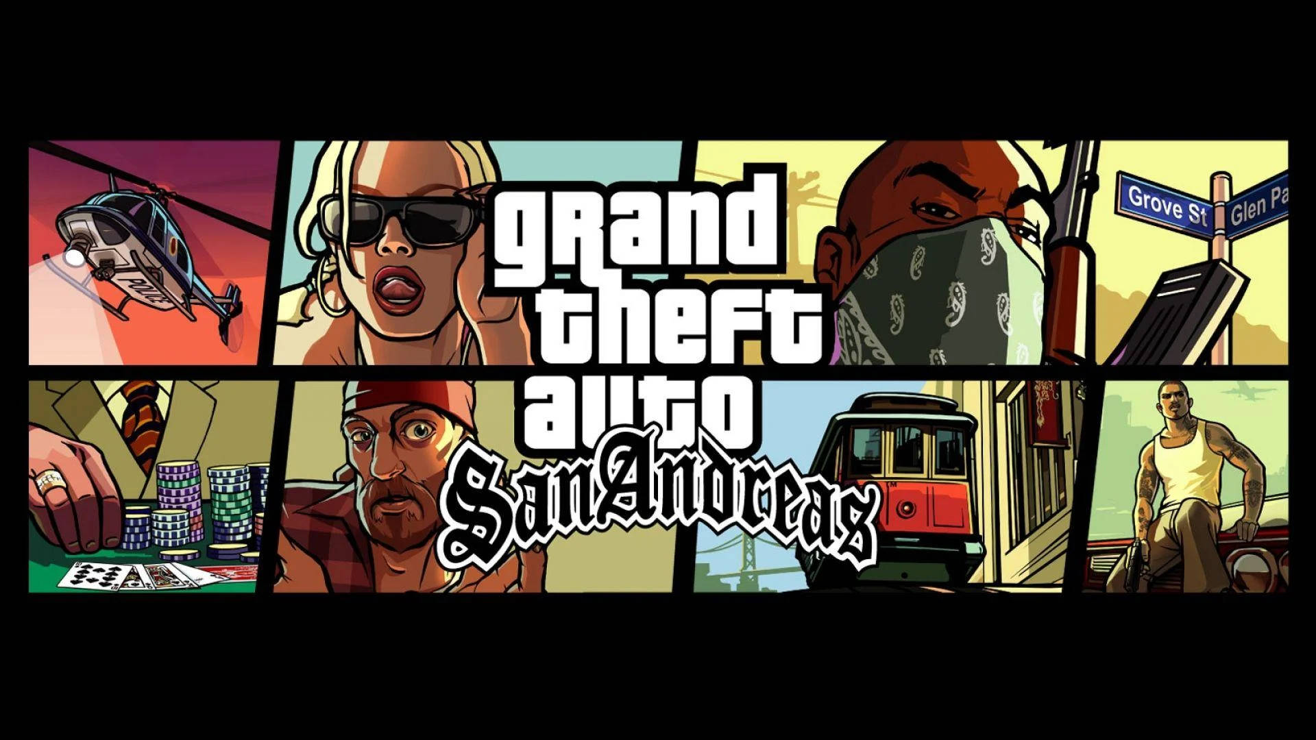 Gta 桌布 壁紙 — 充滿活力的漫畫風格拼貼畫，包含《俠盜獵車手：聖安地列斯》的角色和場景，包括直升機、撲克牌和路牌。