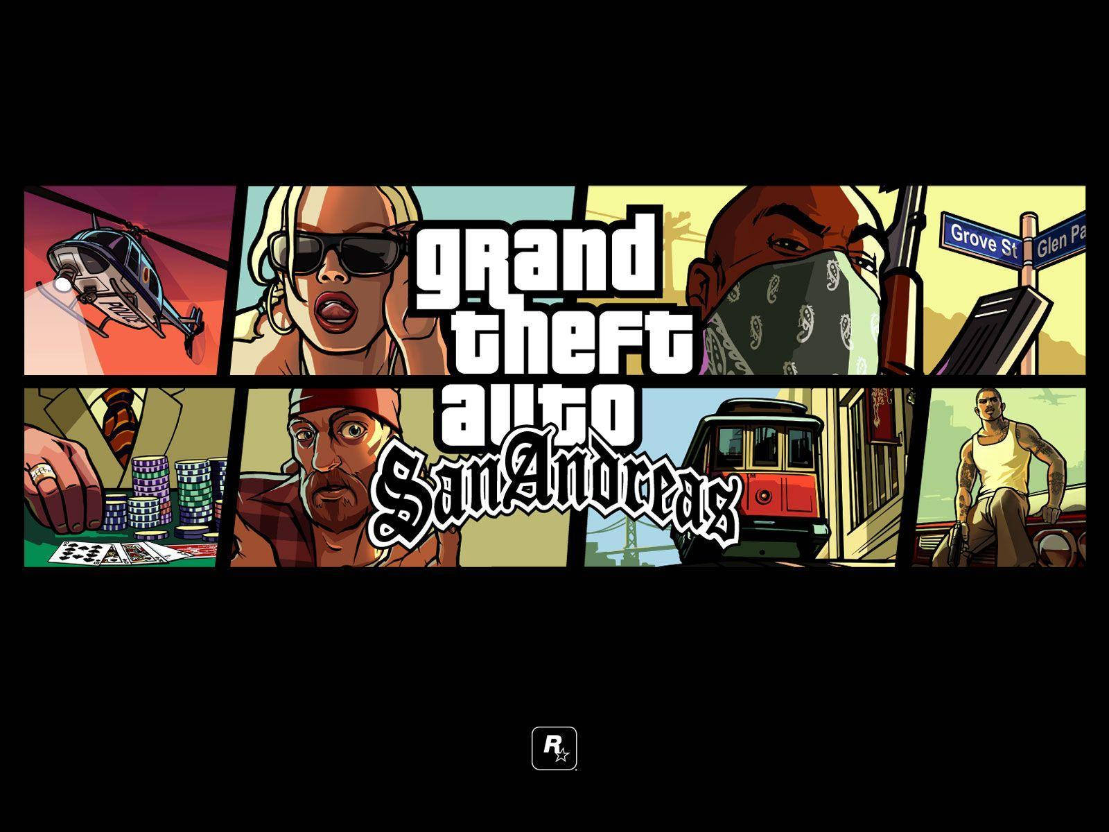 GTA 聖安地列斯 桌布 壁紙 — 充滿活力的漫畫風格拼貼畫，包含《俠盜獵車手：聖安地列斯》的角色和場景，包括直升機、撲克和路牌。