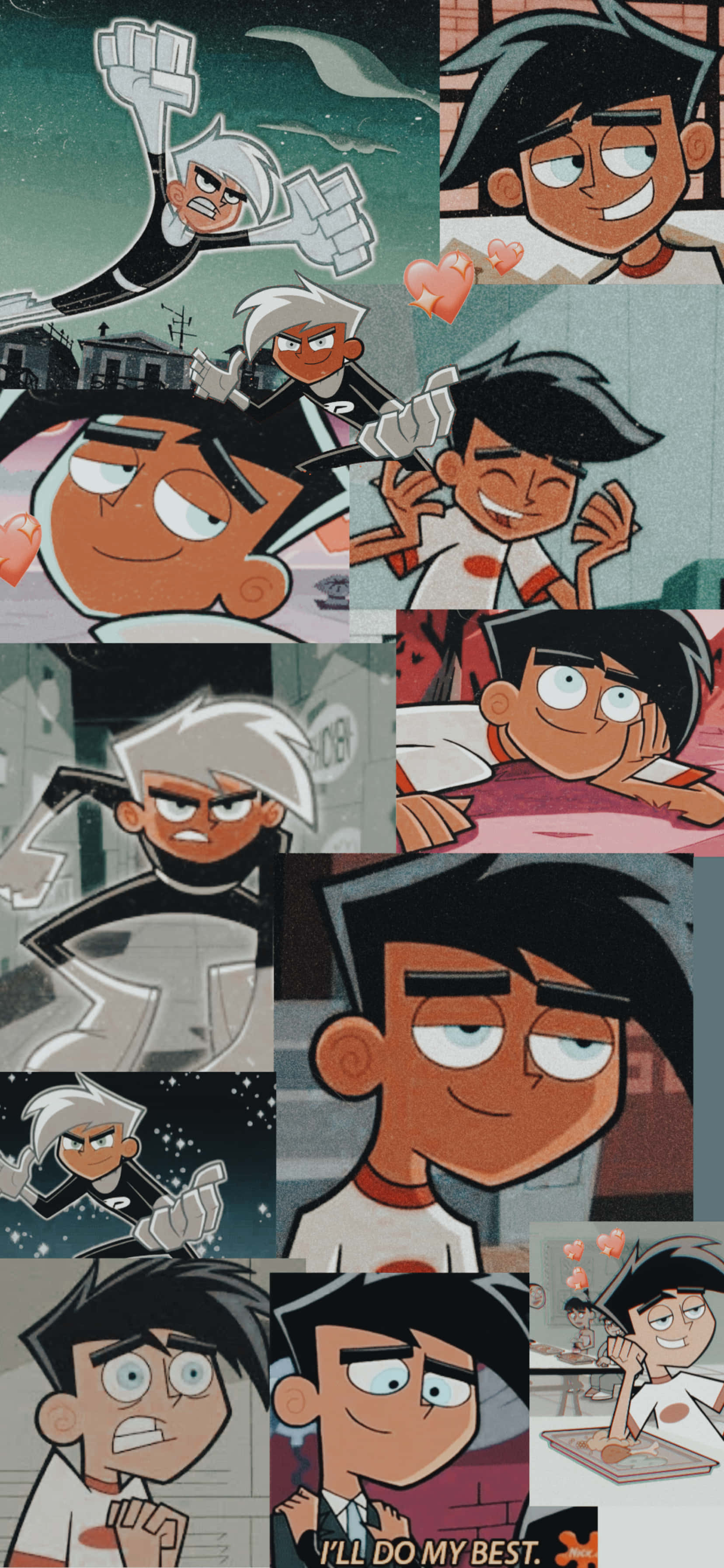Danny Phantom 桌布 壁紙 — 充滿活力的漫畫風格拼貼畫，展示動畫角色在城市環境中的動態表情和姿勢。
