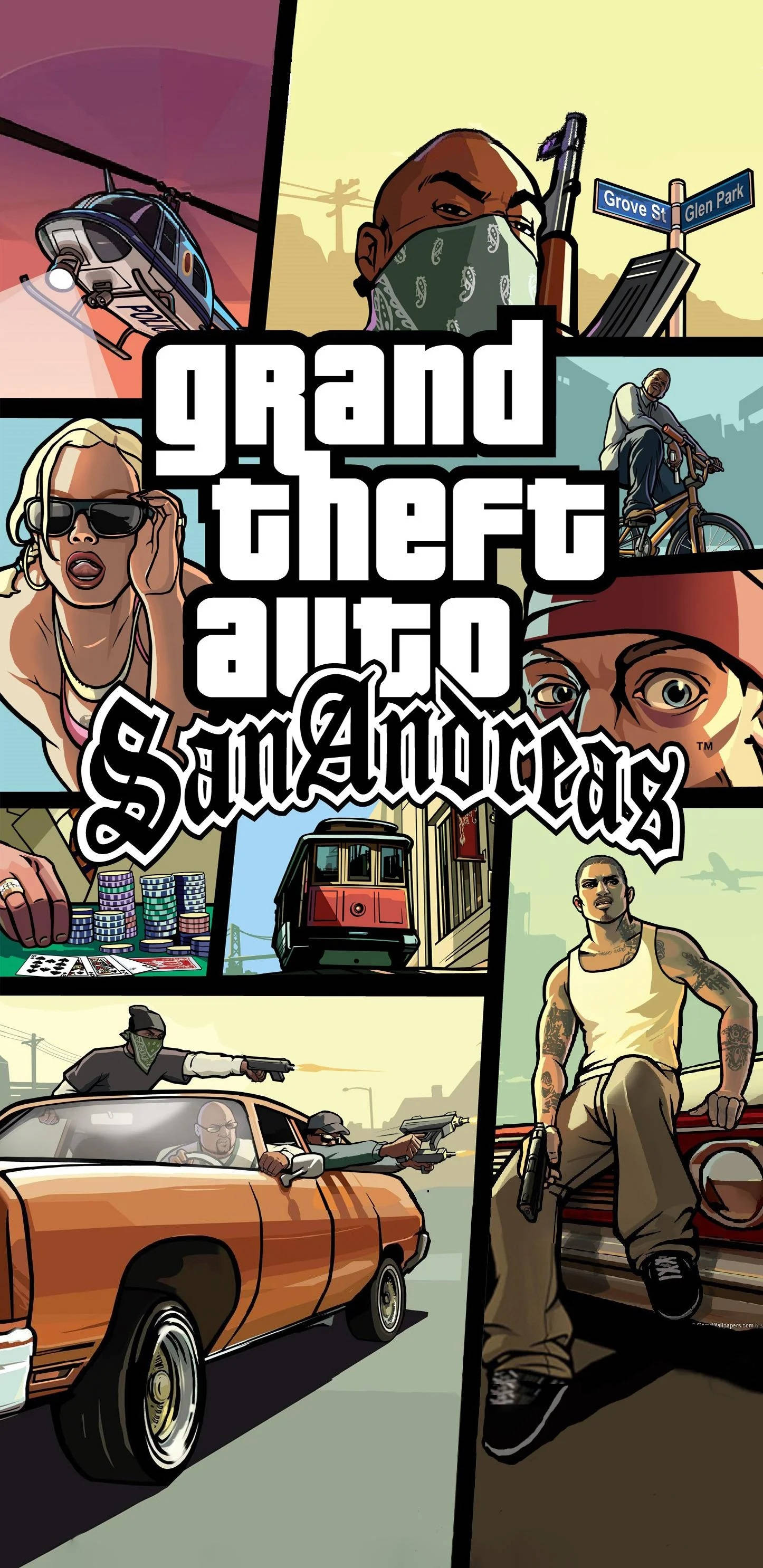 gta iPhone 桌布 壁紙 — 充滿活力的漫畫風格拼貼畫，描繪《俠盜獵車手：聖安地列斯》的場景，包括角色、汽車和城市動作。