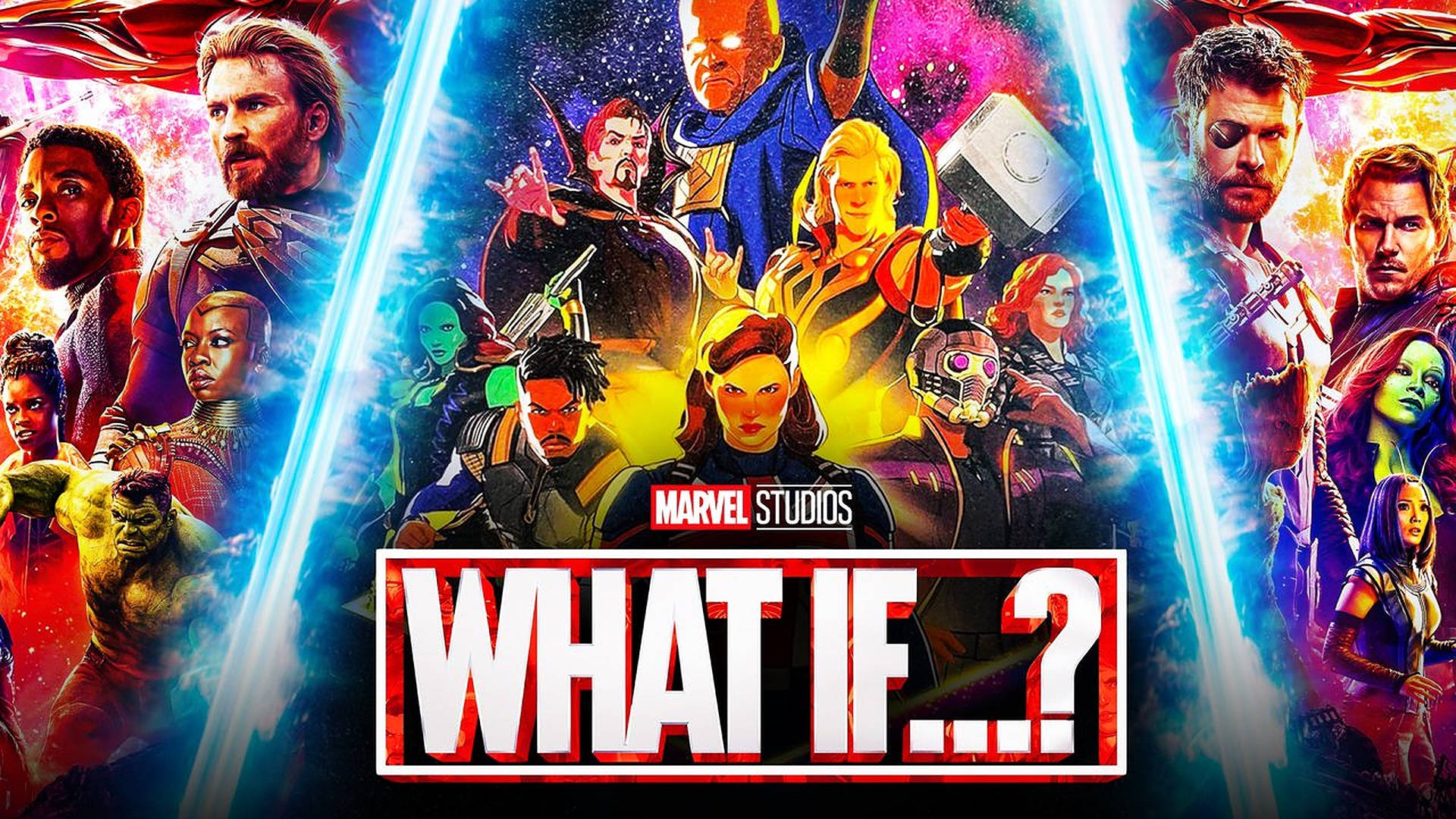 Marvel What If 桌布 壁紙 — 充滿活力的漫畫風格海報， featuring 各種 Marvel 超級英雄和反派在宇宙背景下的動態姿勢。