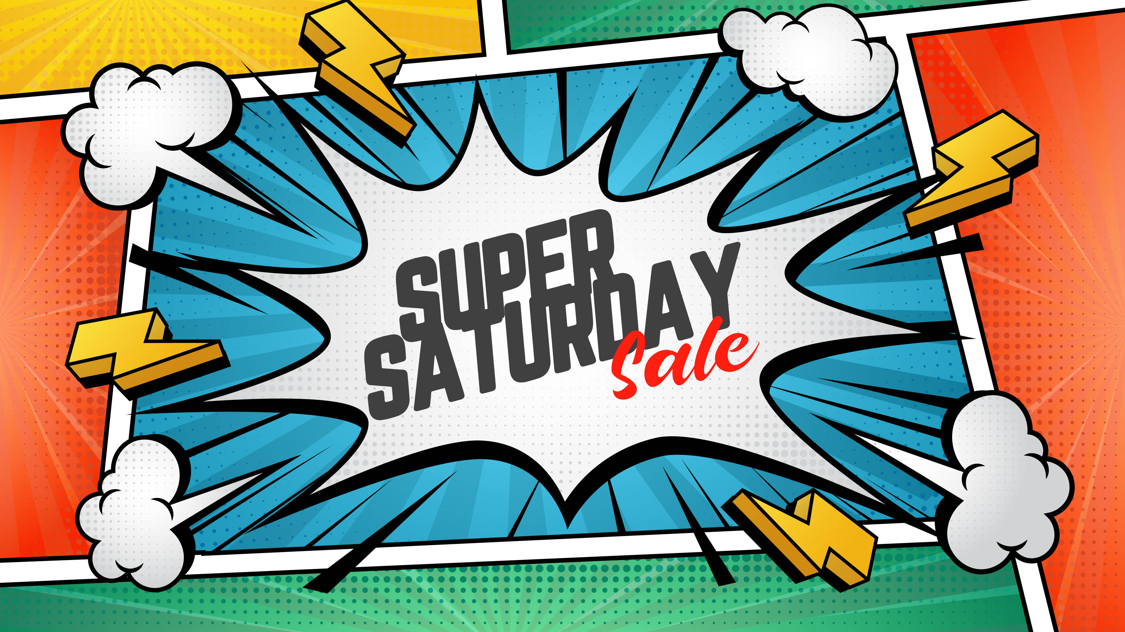 saturday 桌布 壁紙 — 充滿活力的漫畫風格爆炸圖形，以粗體文字和閃電宣佈「超級星期六特賣」。