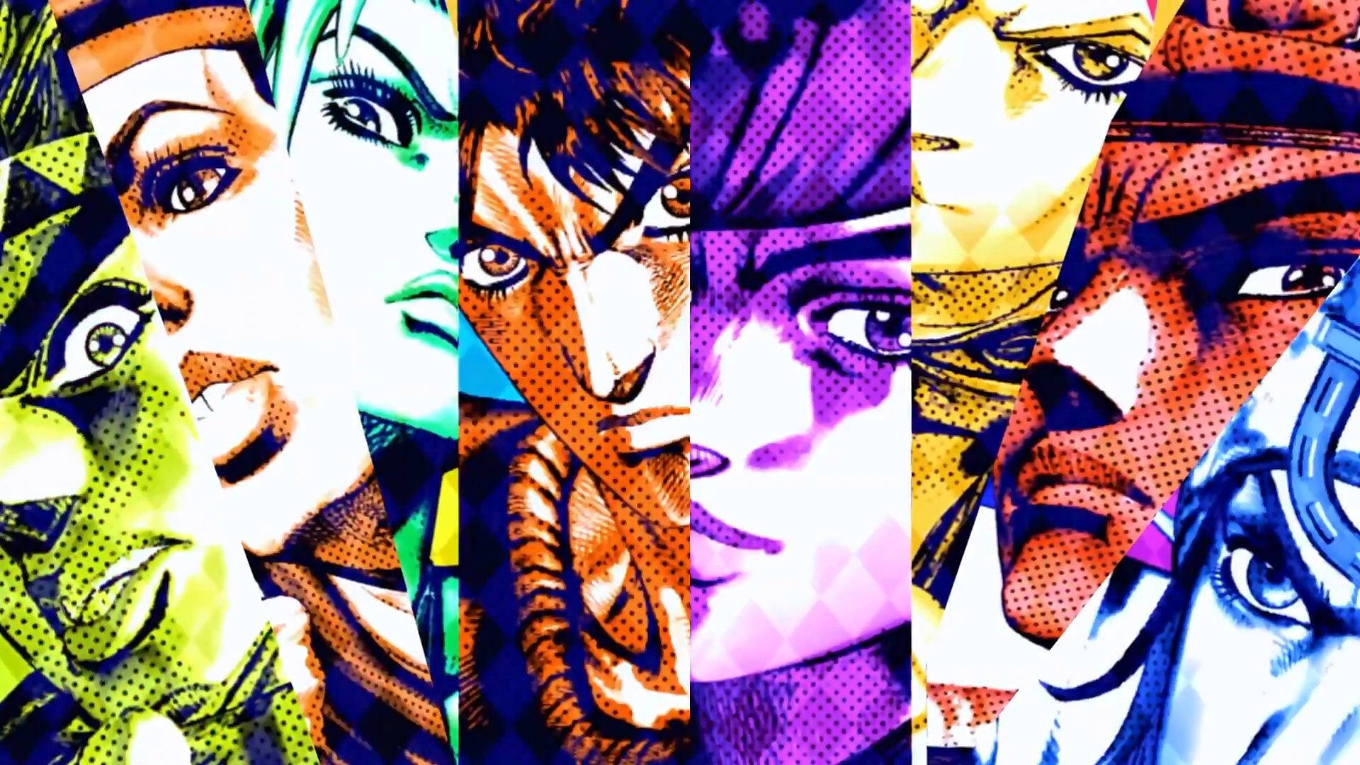 Jojo 桌布 壁紙 — 充滿活力的漫畫風格肖像拼貼，動漫角色搭配大膽色彩和半色調圖案。