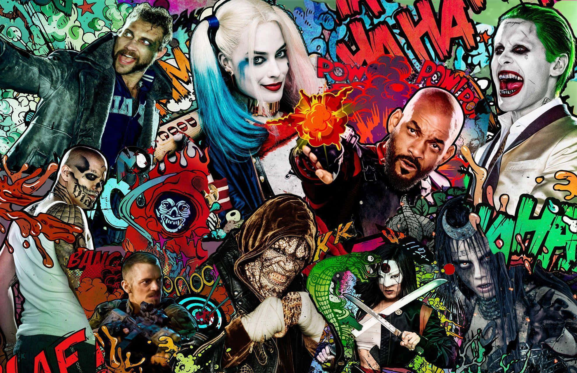 The Suicide Squad 桌布 壁紙 — 充滿活力的漫畫風格蝙蝠俠反派拼貼畫，色彩大膽，音效爆炸。