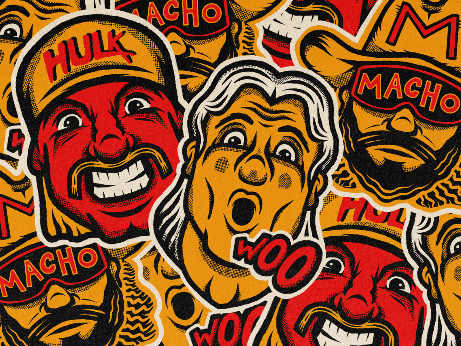 macho man 桌布 壁紙 — 充滿活力的漫畫風格貼紙，誇張的摔角面孔，以大膽的紅色、黃色和黑色重疊在混亂的拼貼中。