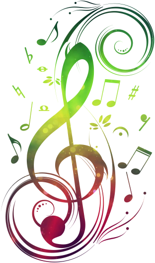 Treble Clef 桌布 壁紙 — 充滿活力的漸層高音譜號在黑色背景上旋轉，並伴有漂浮的音符。