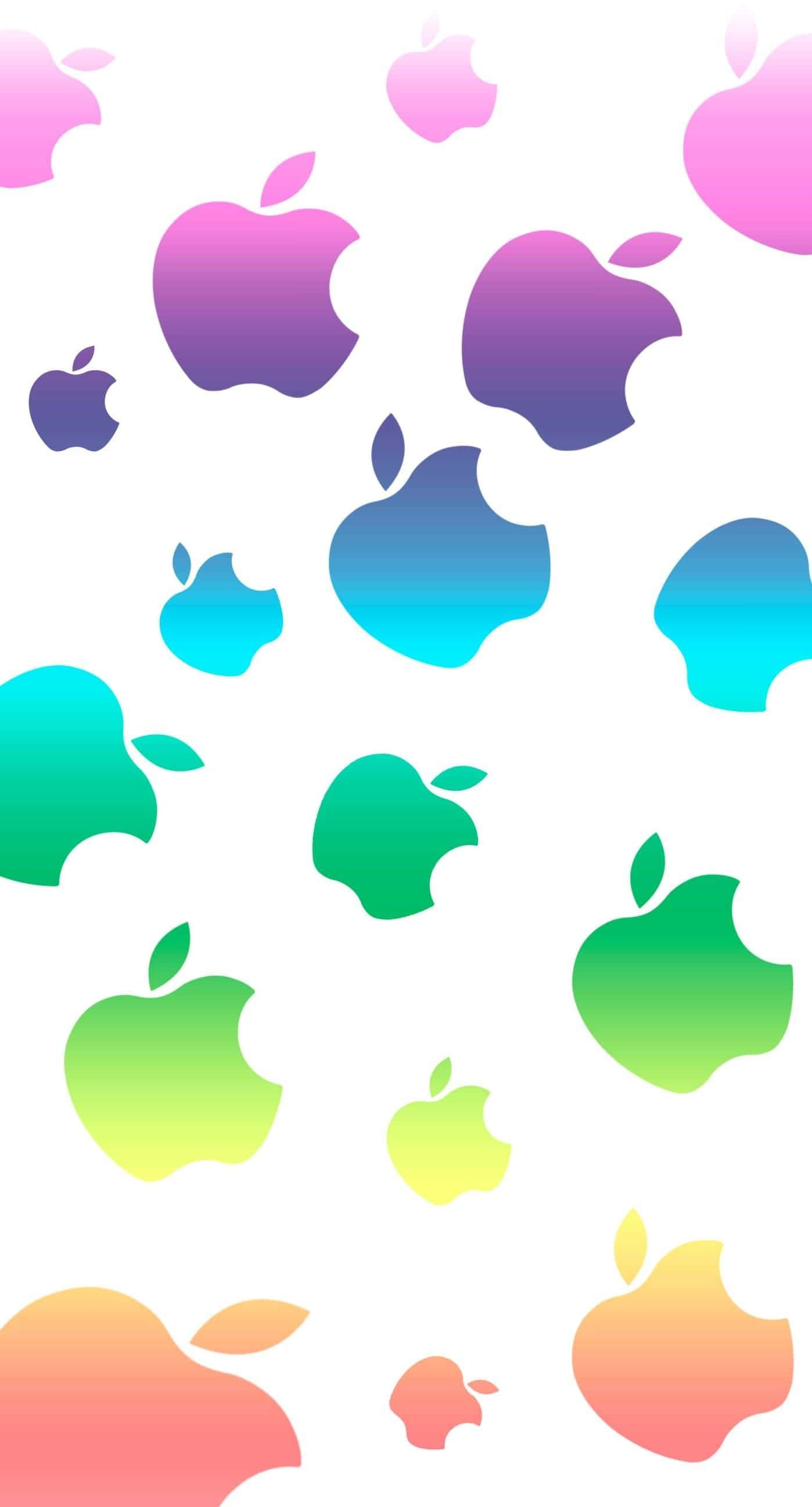 可愛 iPhone 桌布 桌布 壁紙 — 充滿活力的漸變 Apple 標誌在乾淨的白色背景上以俏皮的分散圖案漂浮。