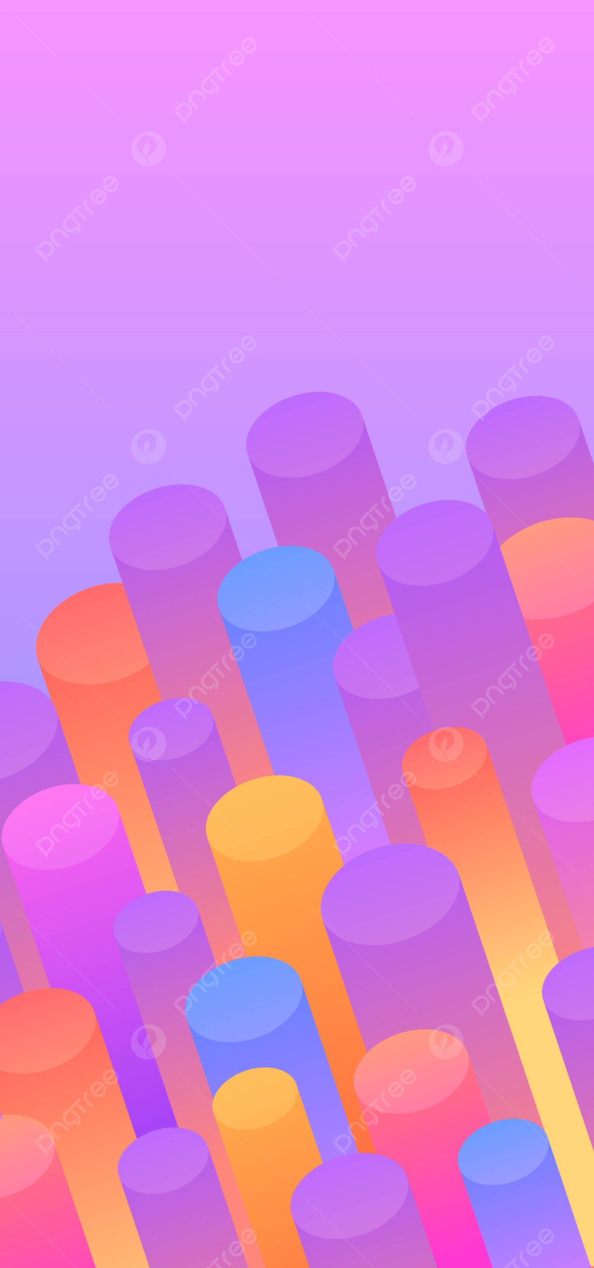 Simple Geometric Phone 桌布 壁紙 — 充滿活力的漸變圓柱體，以紫色、橙色和藍色呈對角線升起，背景為柔和的薰衣草色。