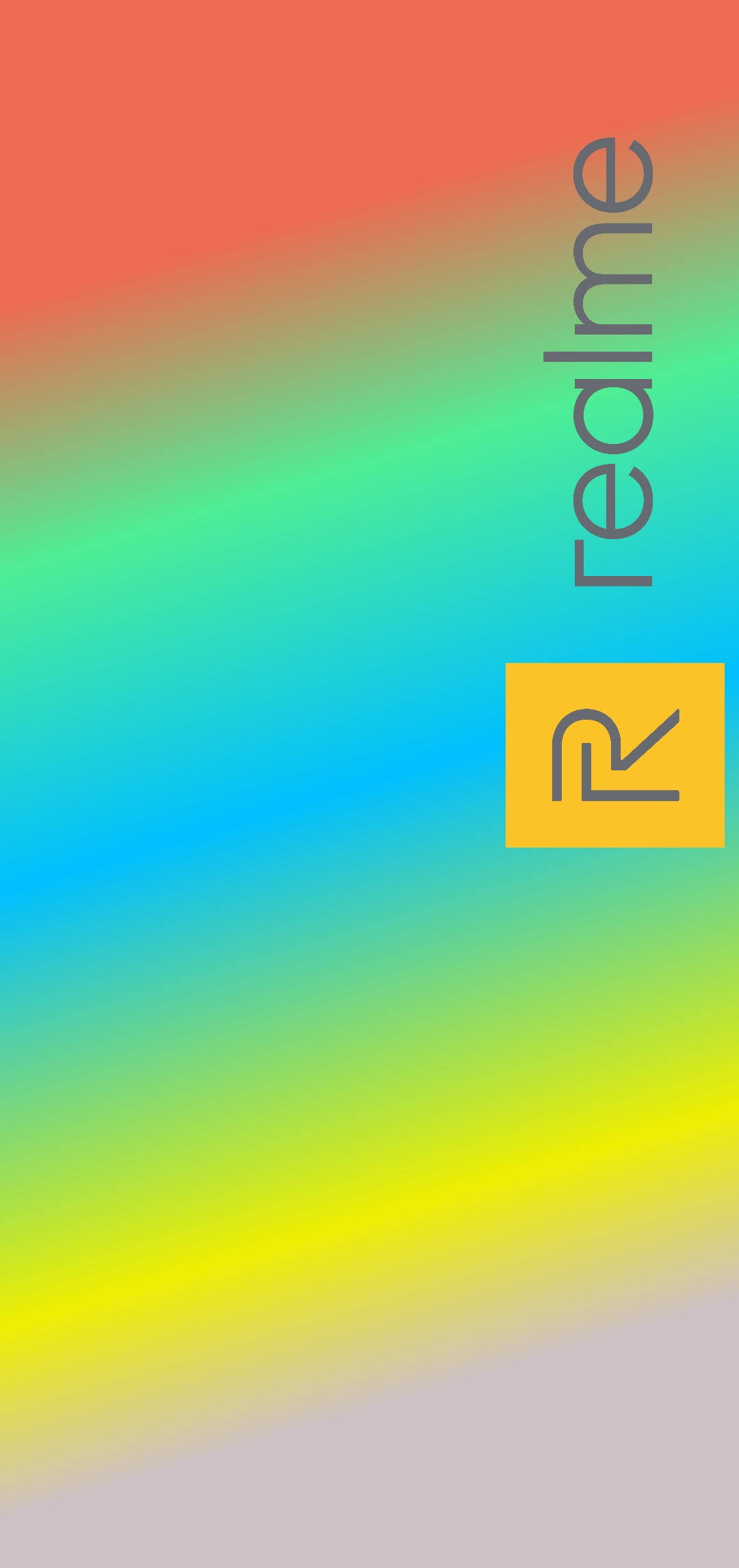 彩虹 桌布 壁紙 — 充滿活力的漸變壁紙，以realme標誌和品牌標記為特色，搭配平滑的彩虹色調混合背景。