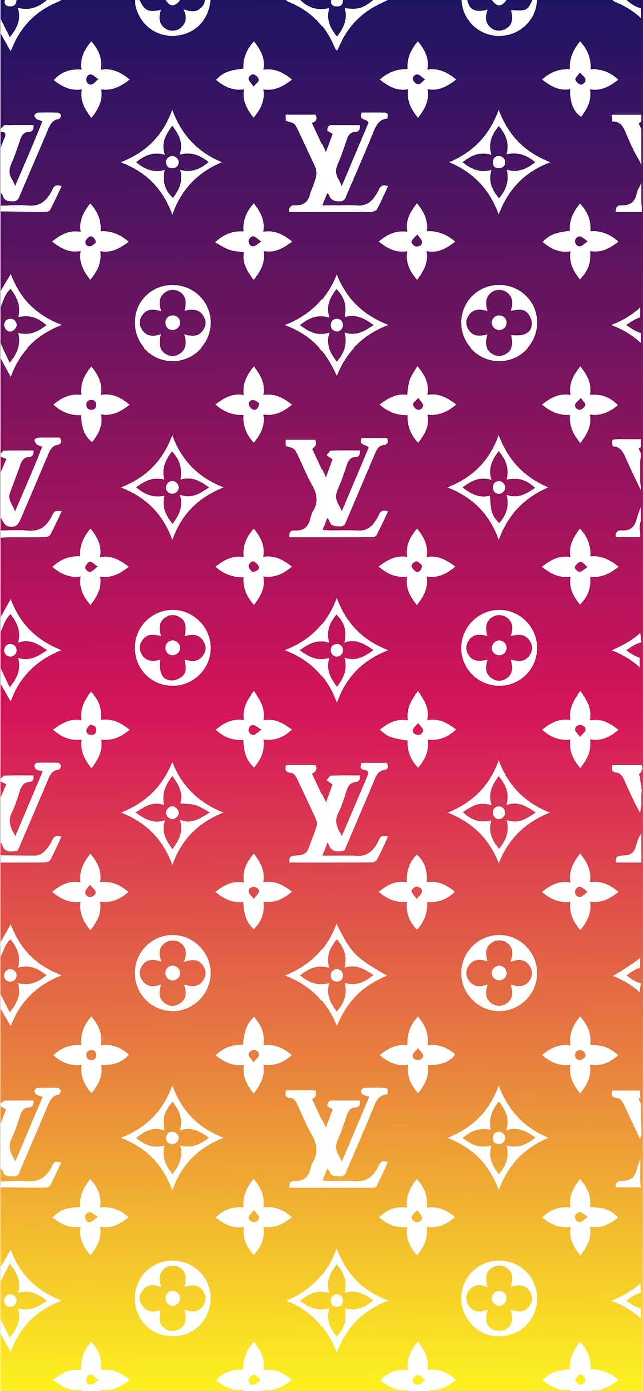 Louis Vuitton 4K 桌布 壁紙 — 充滿活力的漸變壁紙，在彩虹背景上重複白色 Louis Vuitton 字母圖案。