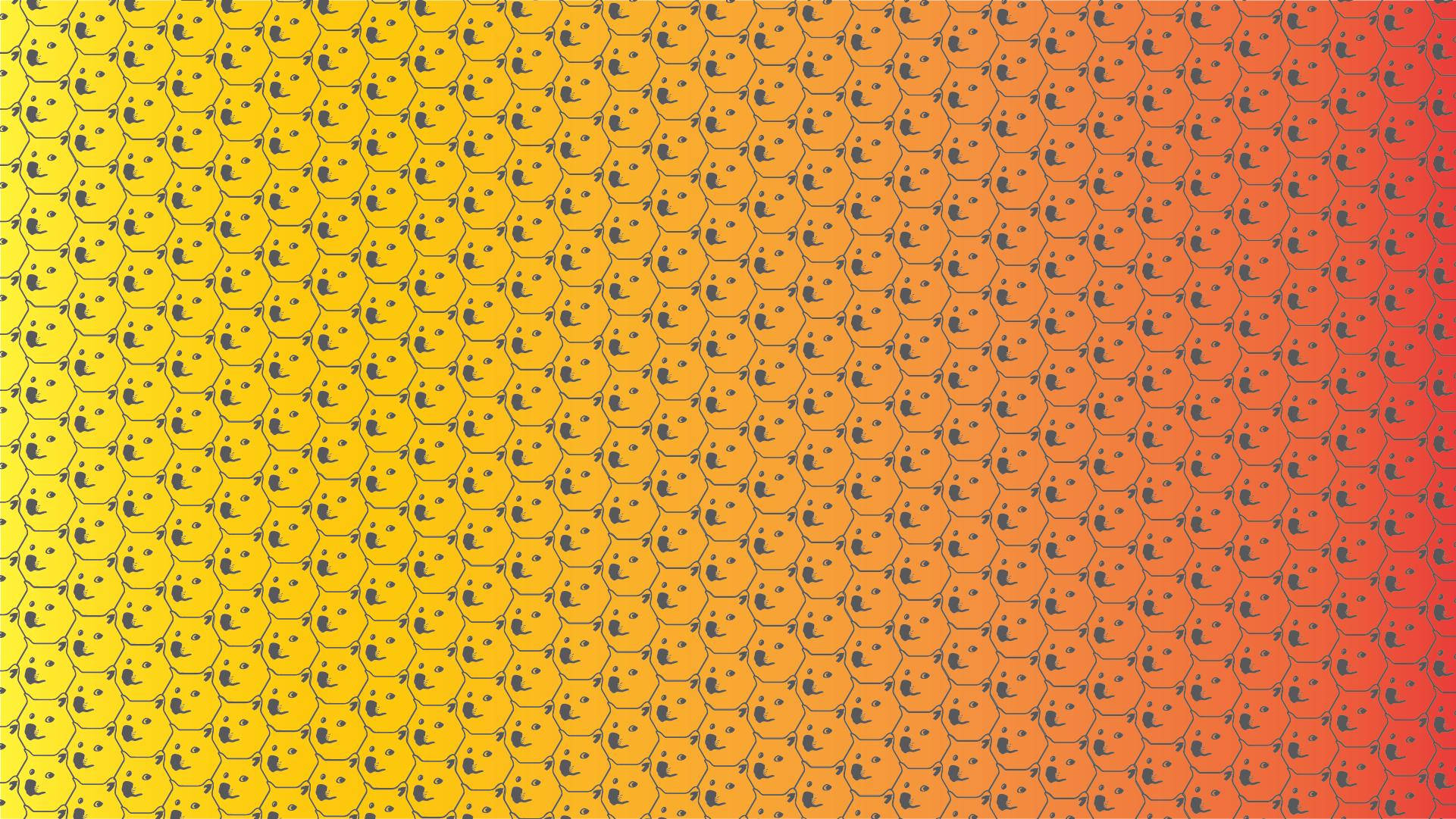 Doge 桌布 壁紙 — 充滿活力的漸變壁紙，帶有重複的六角形笑臉，從黃色過渡到紅色。