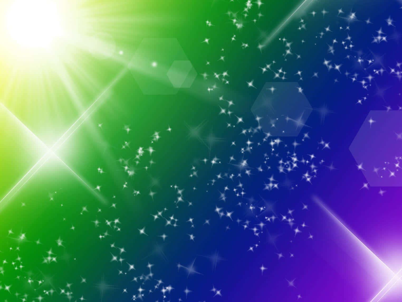 shiny 桌布 壁紙 — 充滿活力的漸變天空，從綠色過渡到紫色，帶有閃爍星星和鏡頭光暈效果。