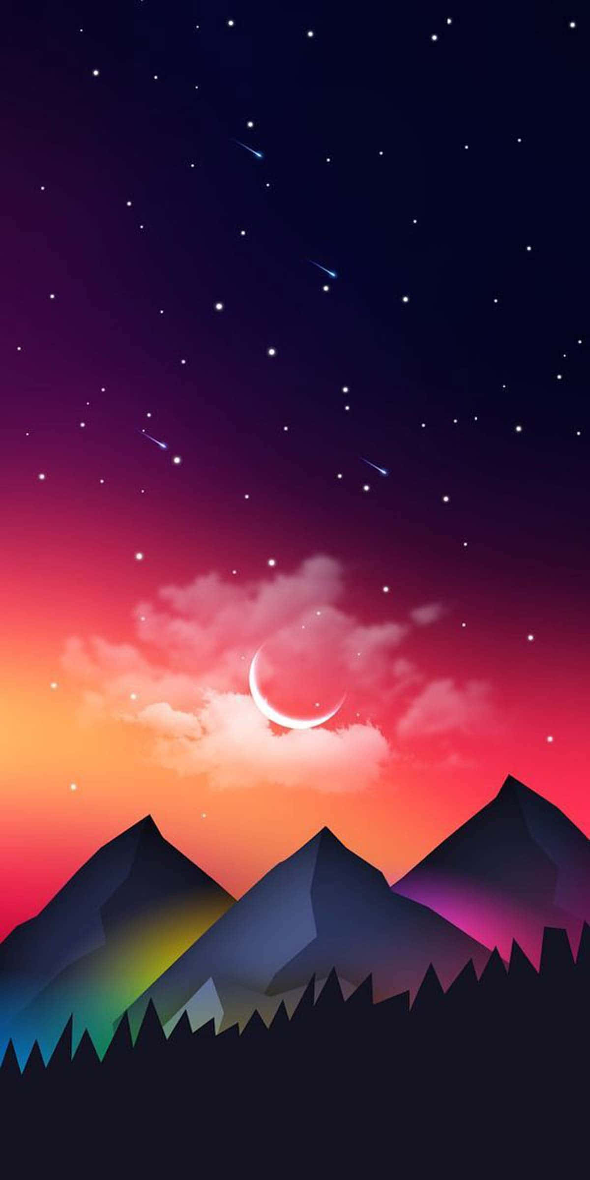 Beautiful Artistic 桌布 壁紙 — 充滿活力的漸變天空，星星和彎月拱起在黃昏時分尖銳的山峰之上。