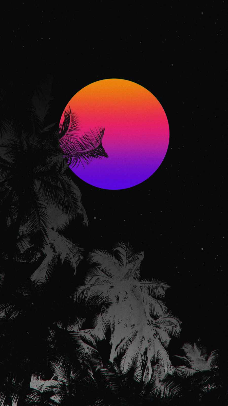 霓虹月亮 桌布 壁紙 — 充滿活力的漸變太陽，以橙色、粉紅色和紫色呈現，在繁星點點的夜空襯托下，落在棕櫚樹的剪影之後。