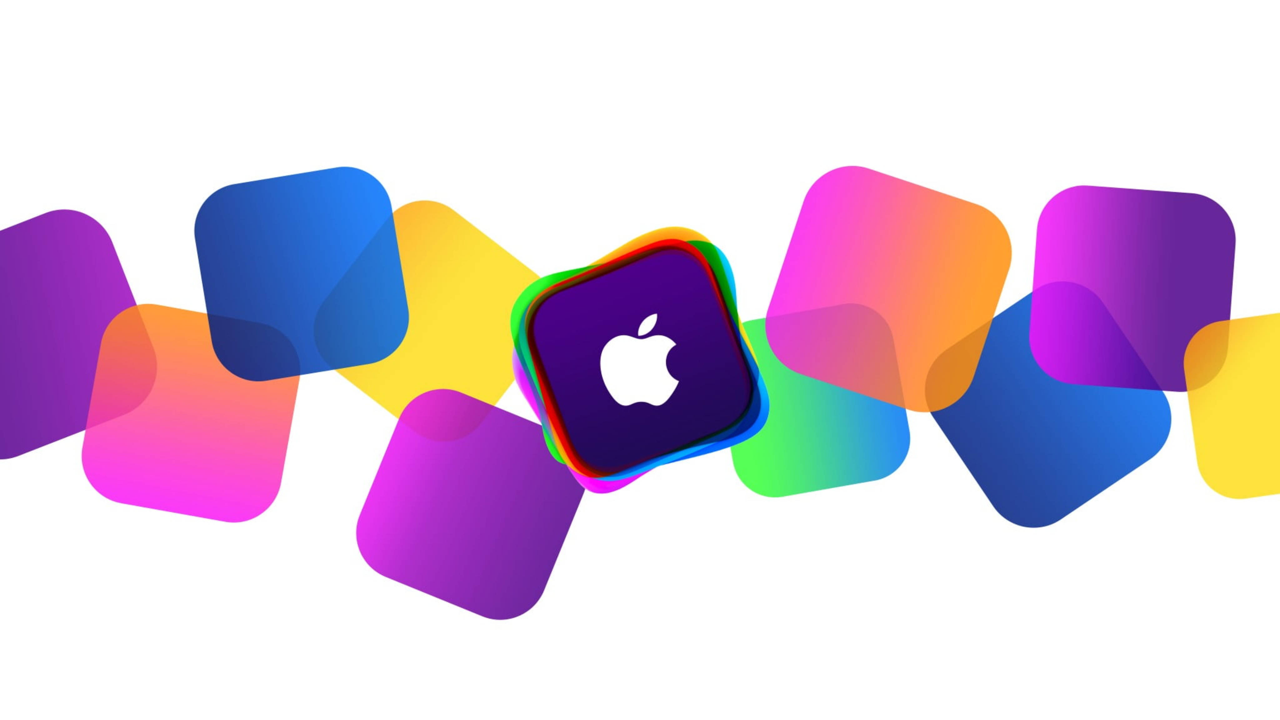 Apple 4K Ultra HD 桌布 壁紙 — 充滿活力的漸變應用程式圖標在乾淨的白色背景上圍繞中央的Apple標誌動態漂浮。