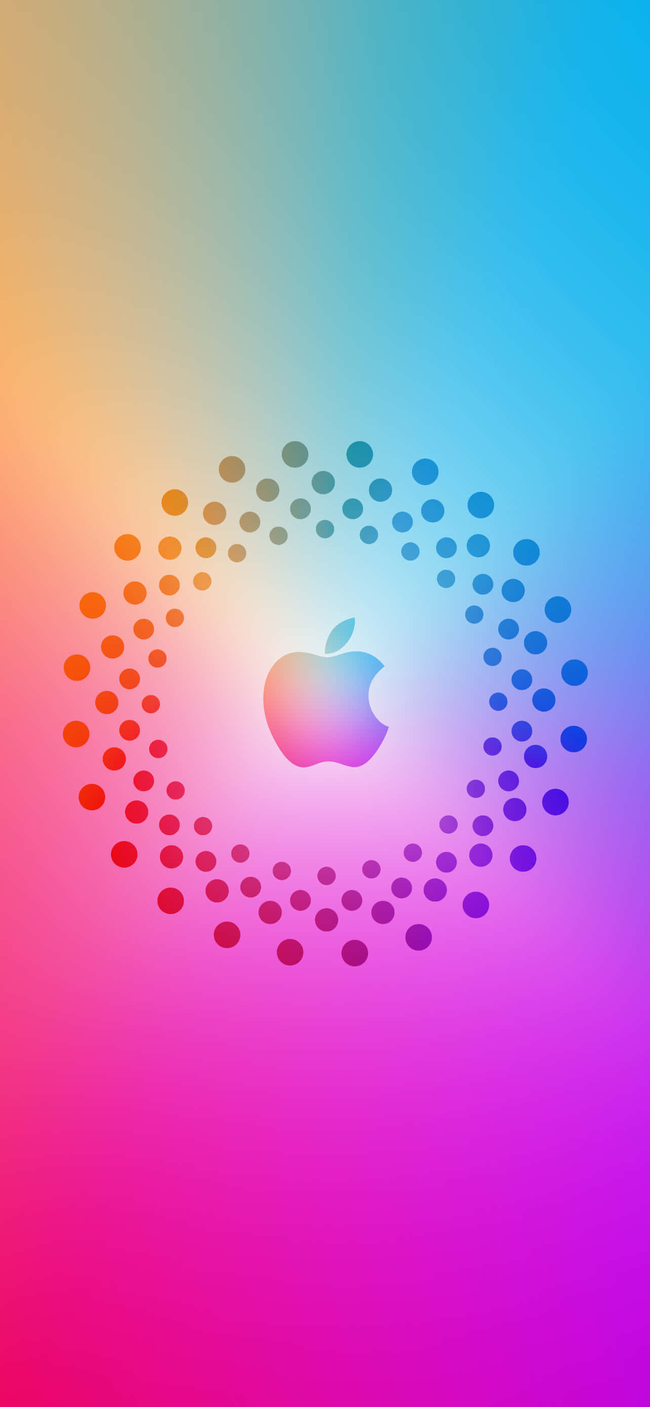 Colorful Aesthetic 桌布 壁紙 — 充滿活力的漸變桌布，帶有發光的Apple標誌，周圍環繞著彩色圓點環。