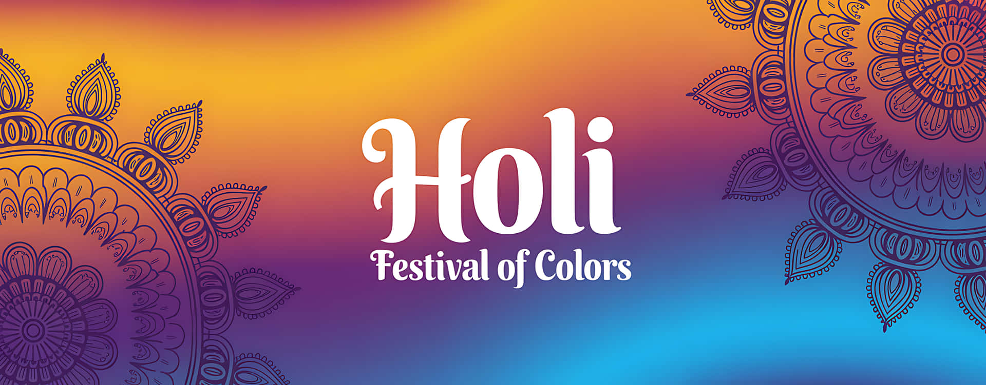 Vibrant holi festival of colors celebration background 壁紙 — 充滿活力的漸變背景，以精緻的曼陀羅圖案框住優雅白色字體的「Holi Festival of Colors」文字。