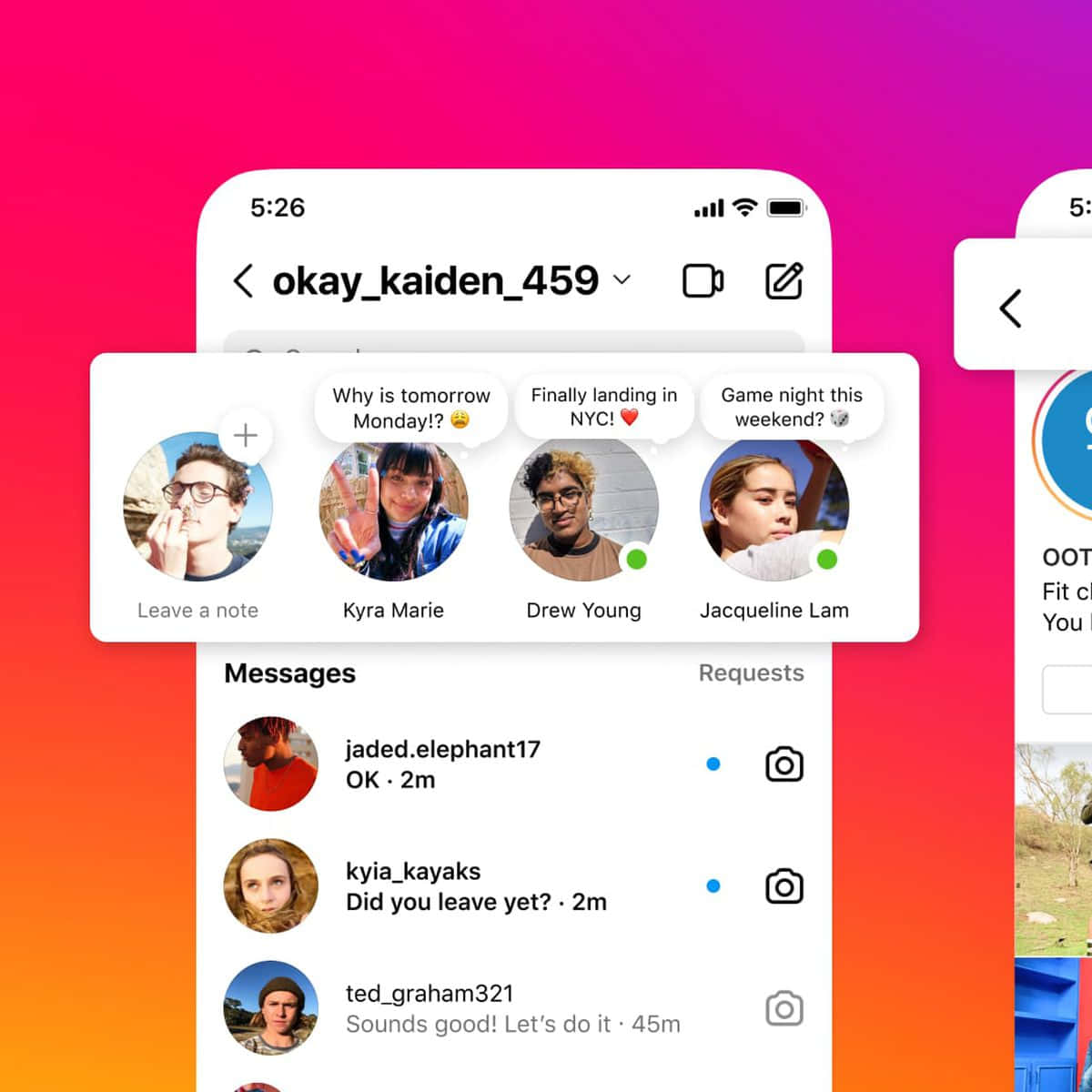 Instagram 桌布 壁紙 — 充滿活力的漸變背景，帶有浮動智慧型手機聊天介面，顯示使用者訊息和個人資料圖片。
