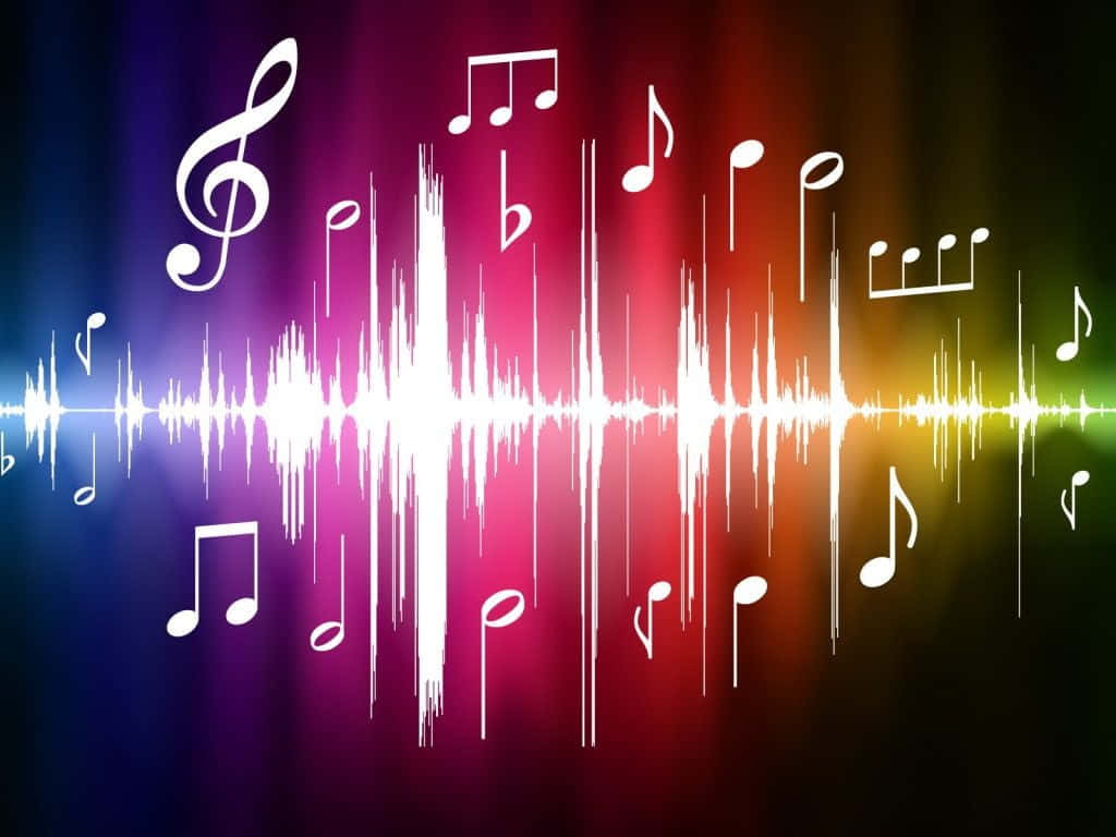 Musical 桌布 壁紙 — 充滿活力的漸變背景，帶有白色音符和波形，可視化聲音能量。