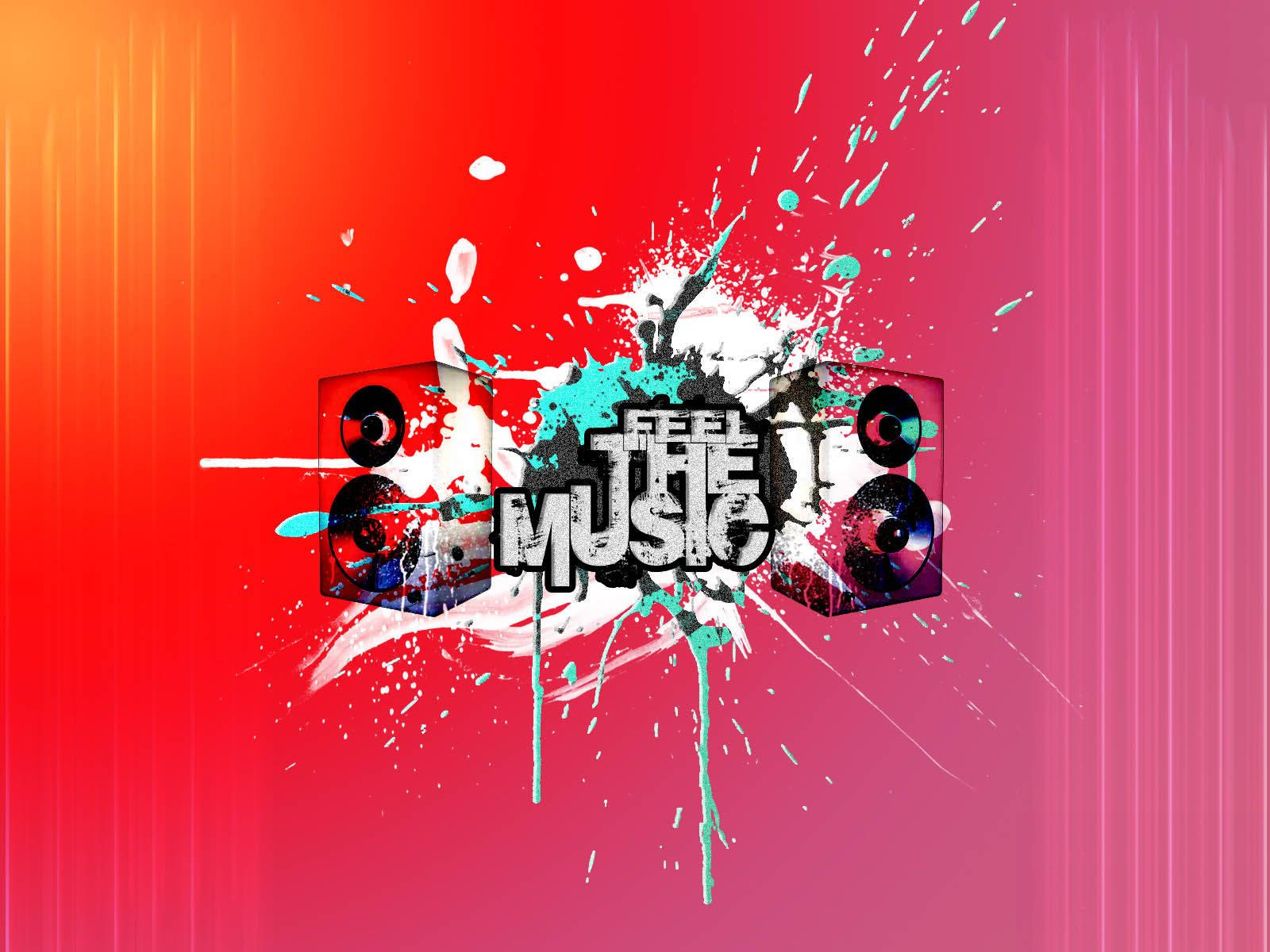 Gradient 桌布 壁紙 — 充滿活力的漸變背景，帶有粗獷的塗鴉風格文字「FEEL THE MUSIC」和爆炸出彩色油漆飛濺的揚聲器圖標。