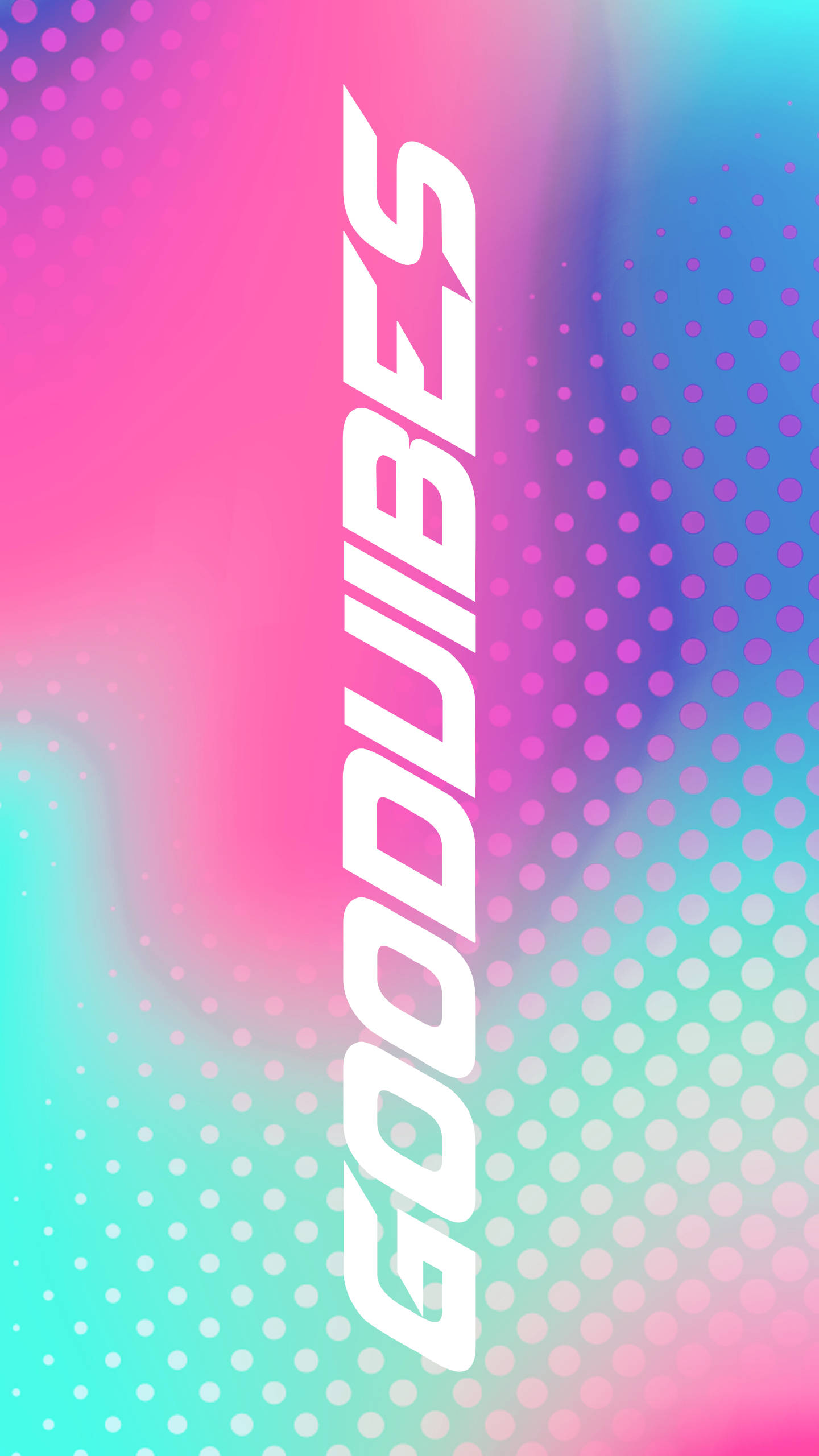 Retro Aesthetic 桌布 壁紙 — 充滿活力的漸變背景，帶有粗體白色「GOODVIBES」文字和粉紅色、藍色和藍綠色的半色調圓點圖案。