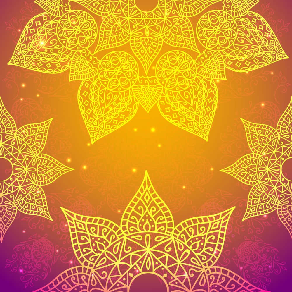 Indian 桌布 壁紙 — 充滿活力的漸變背景，帶有複雜的金色曼陀羅圖案，在溫暖的橙色和紫色色調中發光。