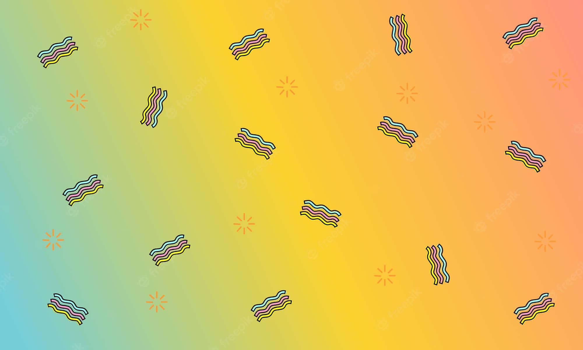 90s Computer 桌布 壁紙 — 充滿活力的漸變背景，散落著色彩繽紛的波浪線和小星星圖案。