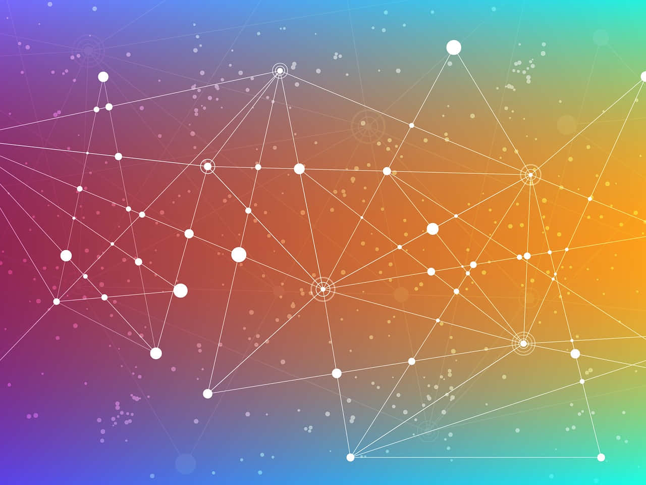 connected 桌布 壁紙 — 充滿活力的漸變背景，白色點由線條連接，在色彩繽紛的天空中形成幾何圖案。