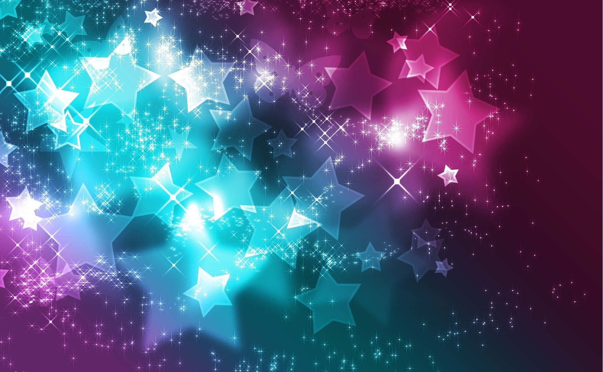 可愛女生 桌布 壁紙 — 充滿活力的漸變背景，閃爍的星星從青色過渡到洋紅色，帶有閃閃發光的光效。