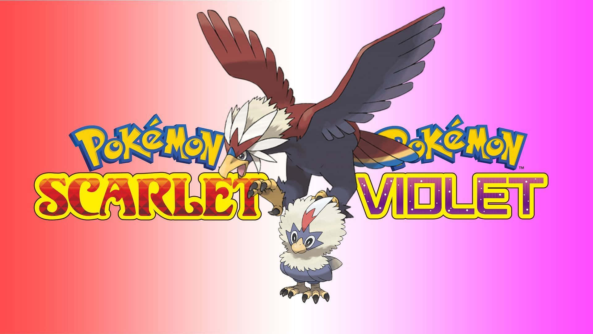 寶可夢 桌布 壁紙 — 充滿活力的漸變背景展示了 Pokémon 朱紅與紫羅蘭的標誌，以及鳥狀寶可夢烈箭鷹及其較小形態。