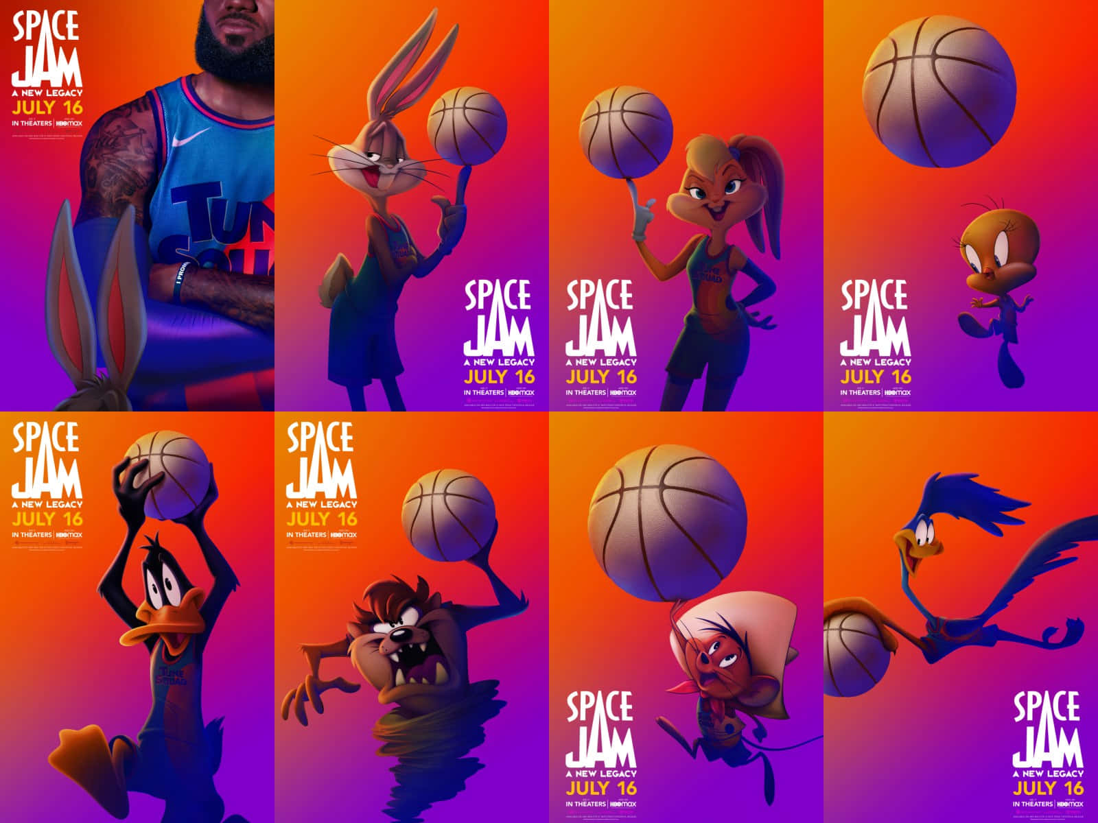 Space Jam A New Legacy 桌布 壁紙 — 充滿活力的漸變背景展示了標誌性的樂一通角色與勒布朗·詹姆斯一起擺出動感籃球姿勢。