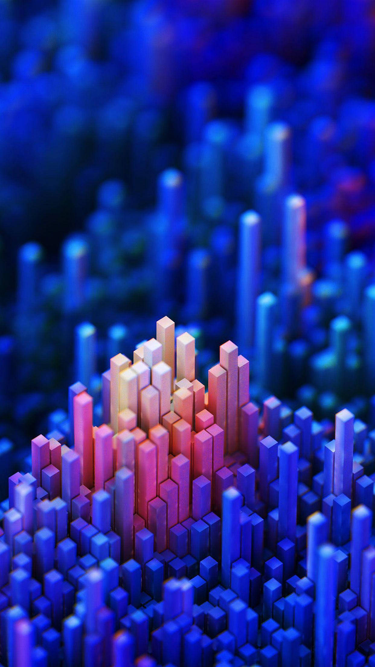 3D iPhone 壁紙 桌布 壁紙 — 充滿活力的漸變色條像數位山峰一樣升起，背景是深藍色模糊效果。