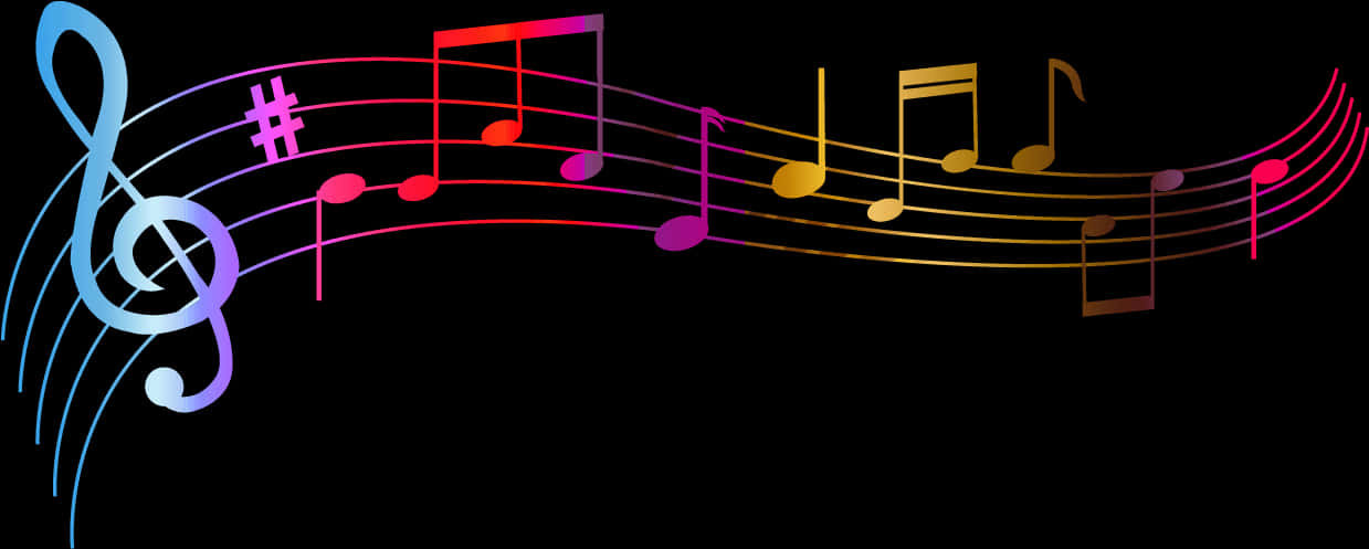 音樂 桌布 壁紙 — 充滿活力的漸變音樂音符和高音譜號在黑色背景上以動態數位藝術風格對角流動。
