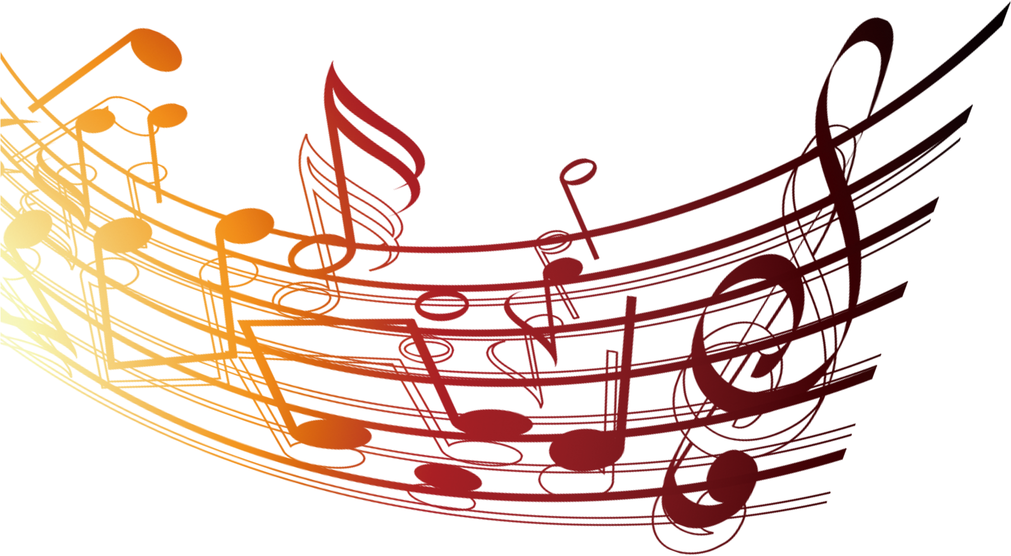 Music Notes 桌布 壁紙 — 充滿活力的漸變音符以對角線方式流過黑色背景，呈現火熱的橙色和紅色色調。