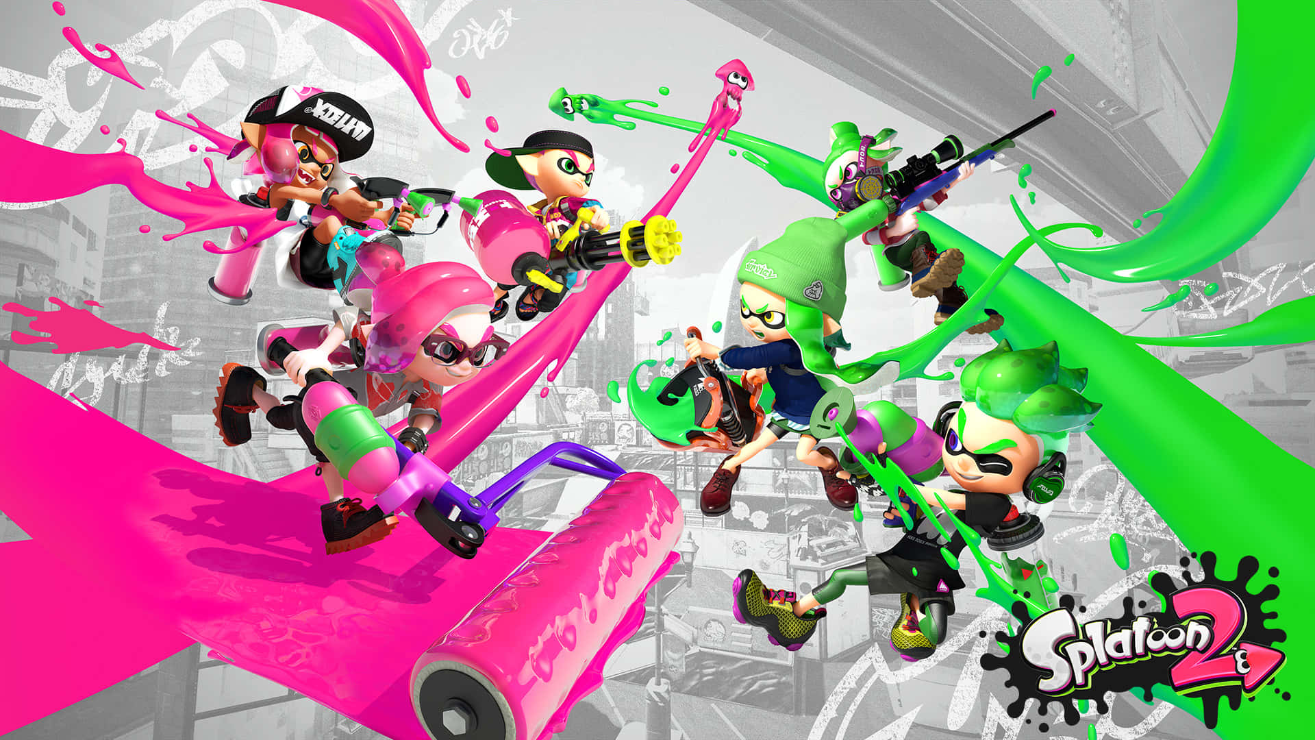 斯普拉遁 桌布 壁紙 — 充滿活力的濺墨角色在《Splatoon 2》的動態城市戰鬥場景中跳躍射擊。