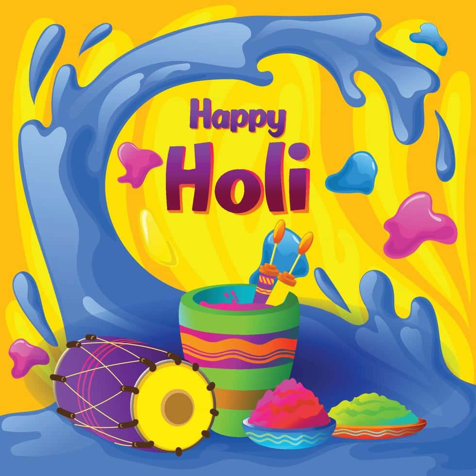 Holi 桌布 壁紙 — 充滿活力的灑紅節插圖，色彩繽紛的粉末飛濺、鼓和碗，背景是明亮的黃色。