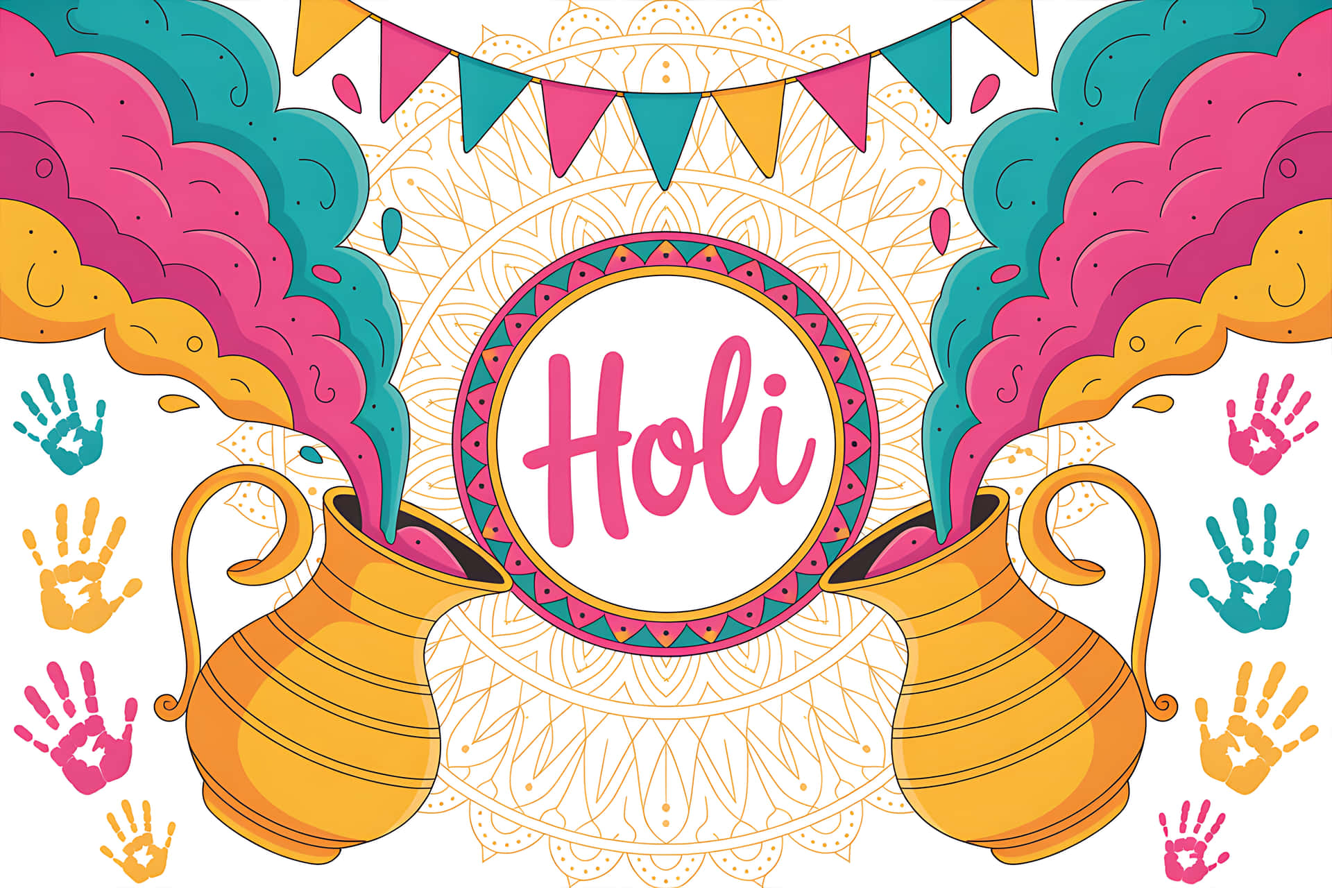 Vibrant holi celebration with colorful handprints and decorations 壁紙 — 充滿活力的灑紅節插圖，金色罐子噴出彩色粉末，手印圍繞曼陀羅，並有「Holi」字樣。
