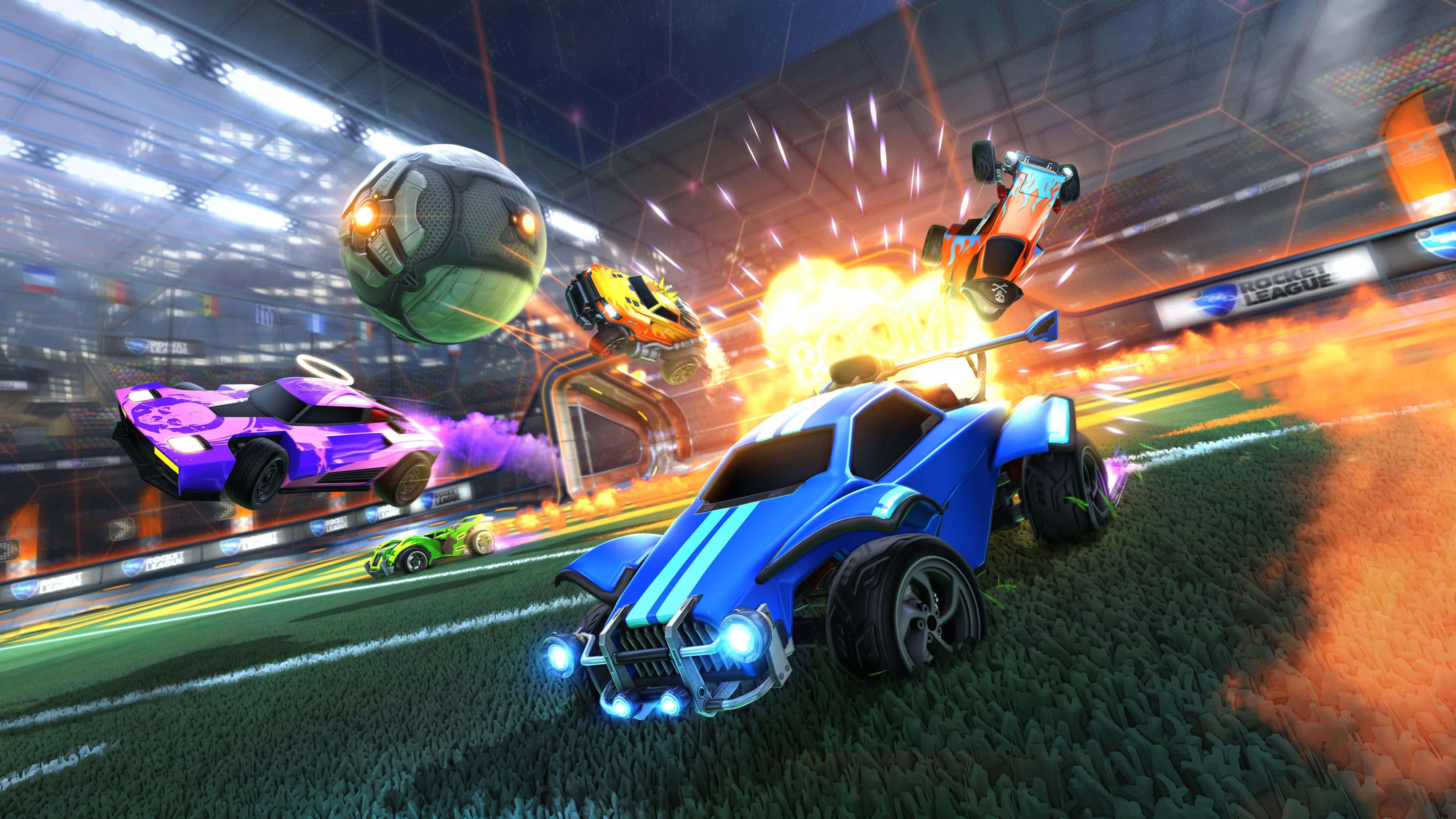rocket league 1920x1080 桌布 壁紙 — 充滿活力的火箭動力汽車在霓虹燈照亮的體育場中戰鬥，一個巨大的足球在半空中爆炸。