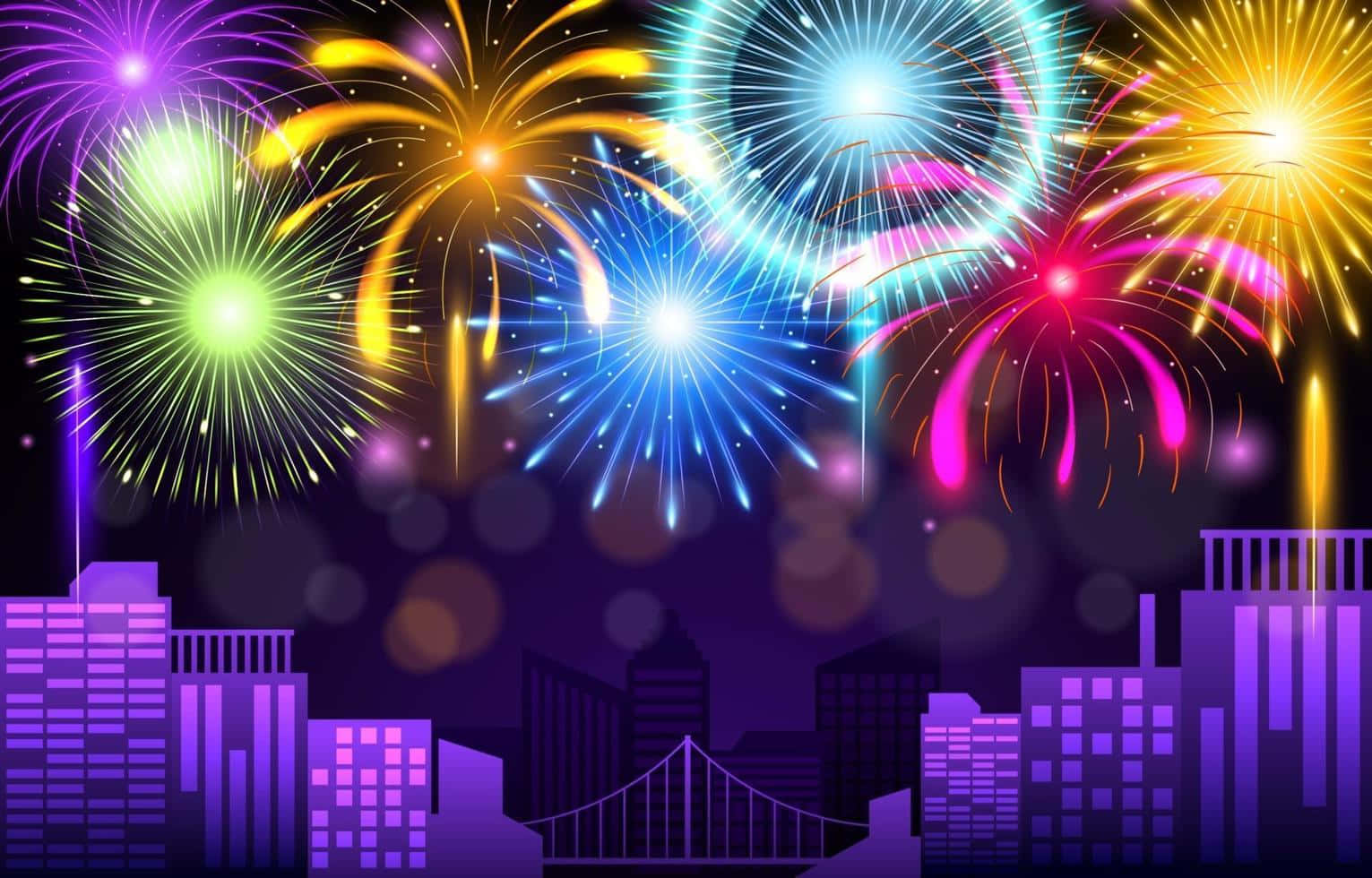 firework 桌布 壁紙 — 充滿活力的煙火在夜間於風格化的紫色城市天際線上綻放出絢麗色彩。