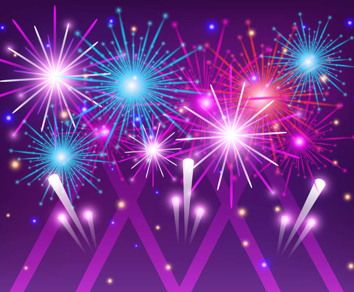 Fireworks 桌布 壁紙 — 充滿活力的煙火在深紫色夜空中綻放出電光藍、粉紅和紫色，下方有發光的條紋。