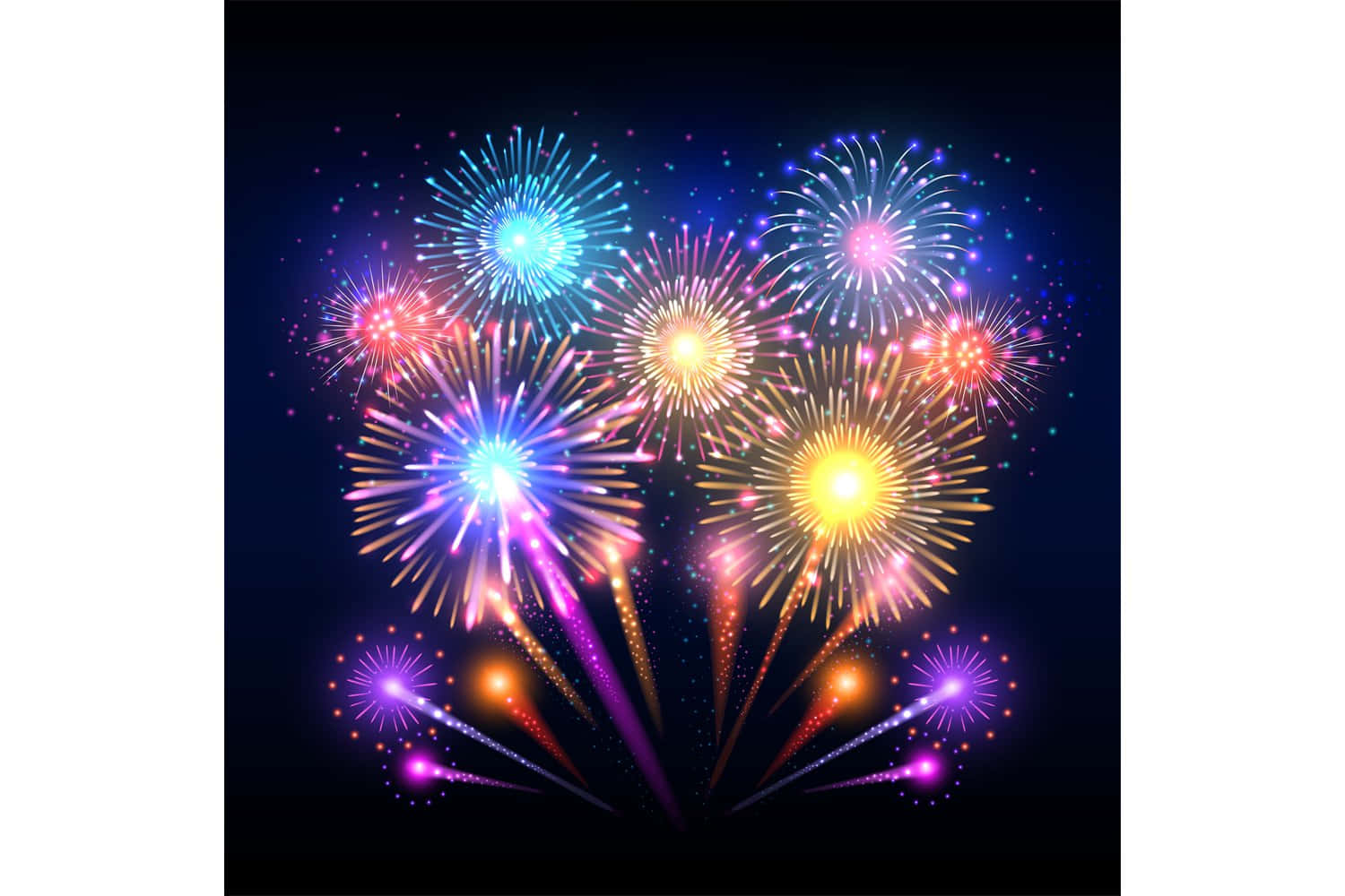 Festive 桌布 壁紙 — 充滿活力的煙火在深邃的夜空中綻放出藍色、紅色、黃色和紫色的耀眼光芒。