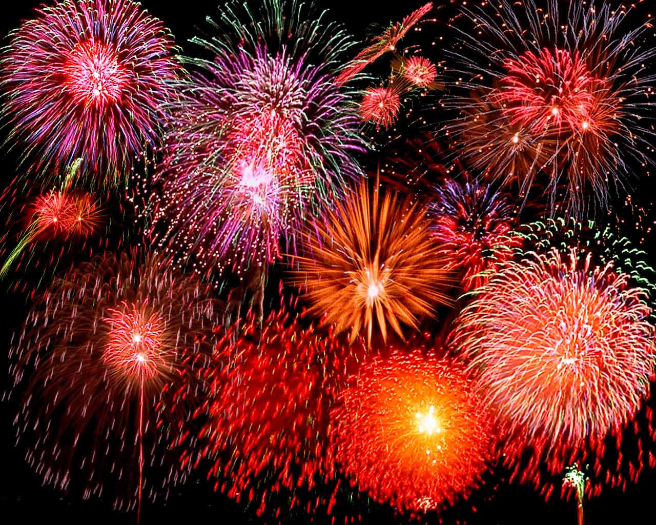 Celebration 桌布 壁紙 — 充滿活力的煙火在漆黑的夜空中綻放出耀眼的紅色、紫色和橙色。