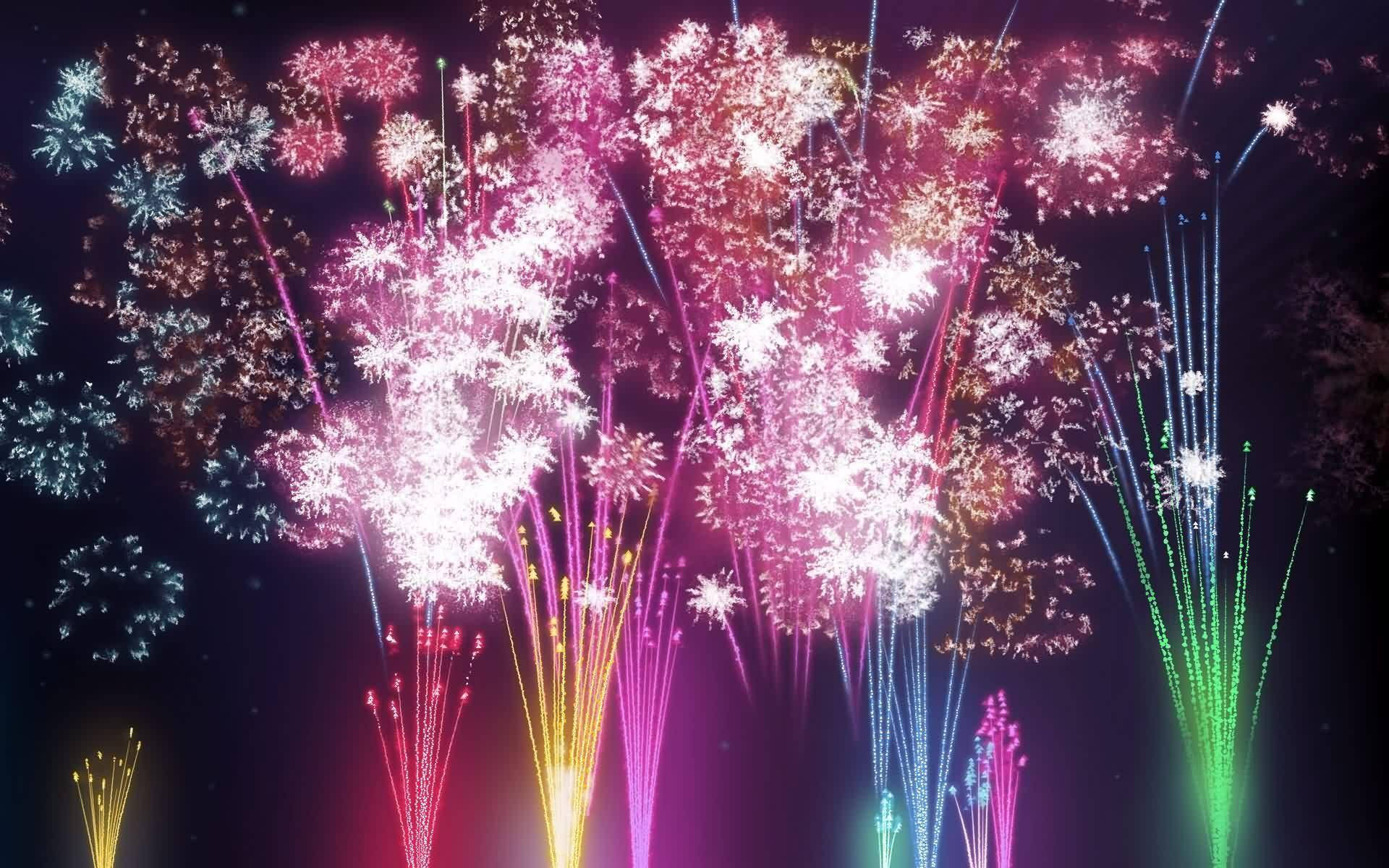 Fireworks 桌布 壁紙 — 充滿活力的煙火在漆黑的夜空中綻放出粉紅色、白色、藍色和綠色的耀眼爆發。