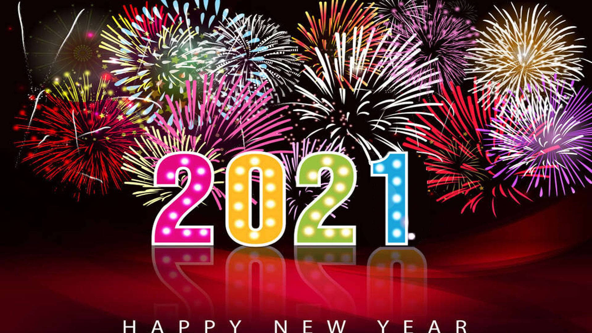 新年快樂 桌布 壁紙 — 充滿活力的煙火在發光的彩色2021燈牌後面爆炸，反射在紅色表面上。