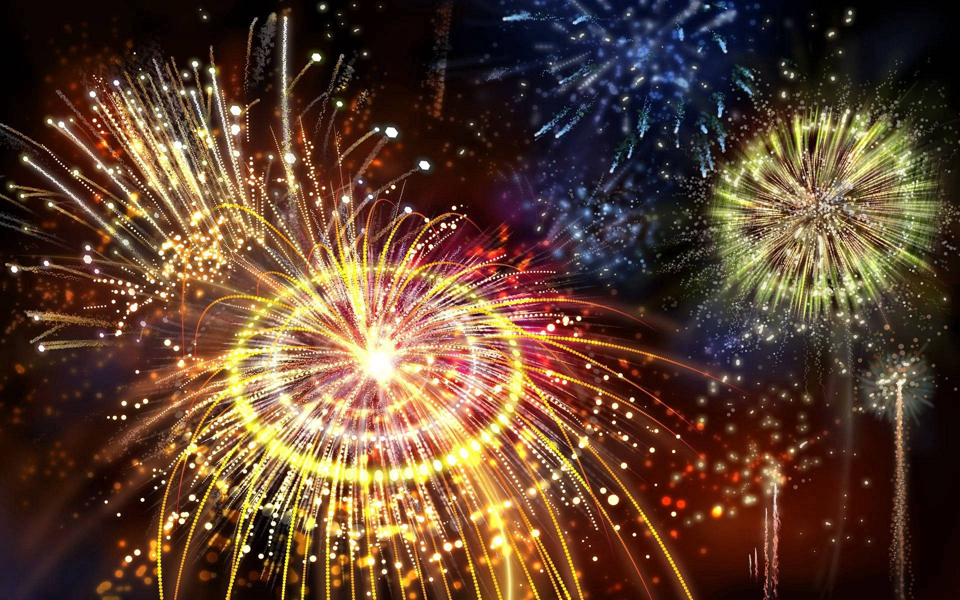 Flash 桌布 壁紙 — 充滿活力的煙火在黑暗的夜空中綻放出金色、紅色和綠色的耀眼光芒。