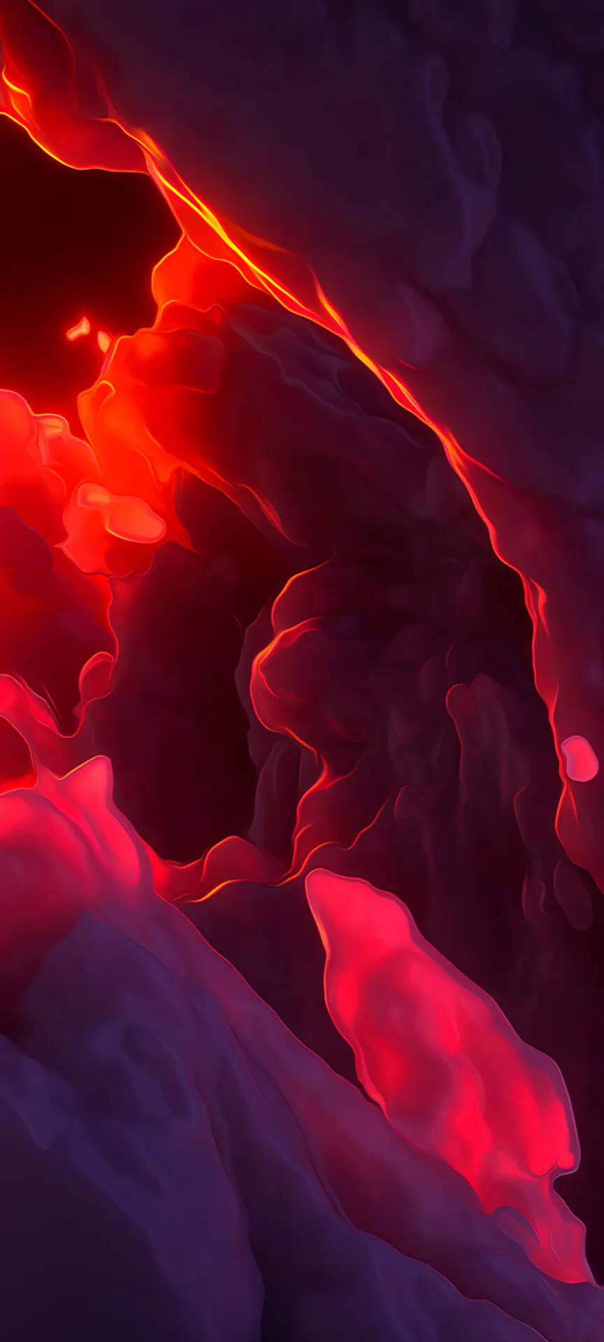 Red Abstract 桌布 壁紙 — 充滿活力的熔岩流經深紫色岩層，在發光的地下洞穴中流淌。