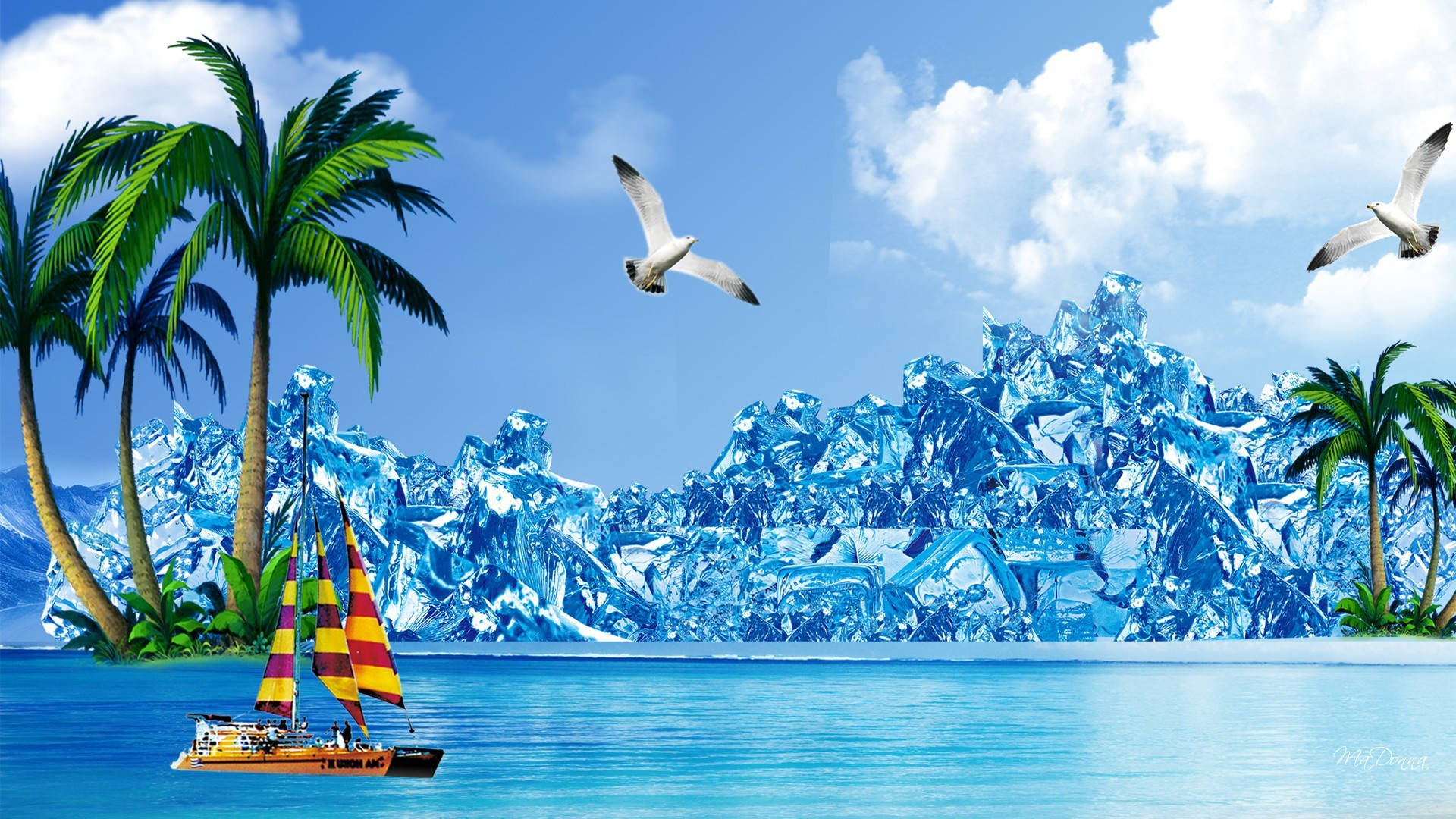 夏天 桌布 壁紙 — 充滿活力的熱帶場景，棕櫚樹、海鷗和色彩繽紛的帆船在碧綠的海水上，背景是超現實的冰藍色山脈，在明亮的藍天下。