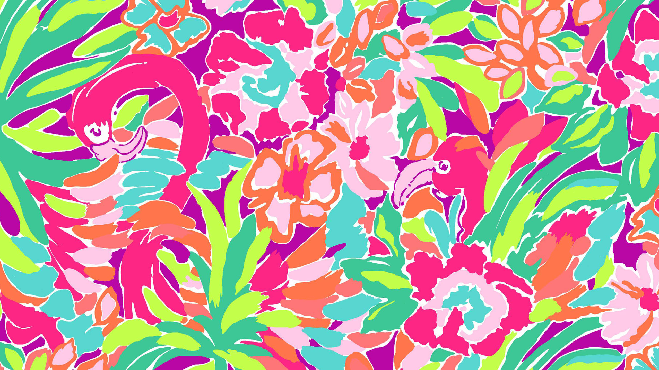 Preppy 桌布 壁紙 — 充滿活力的熱帶壁紙，以粉紅色火烈鳥和霓虹綠、粉紅和紫色的鮮豔花朵為特色。